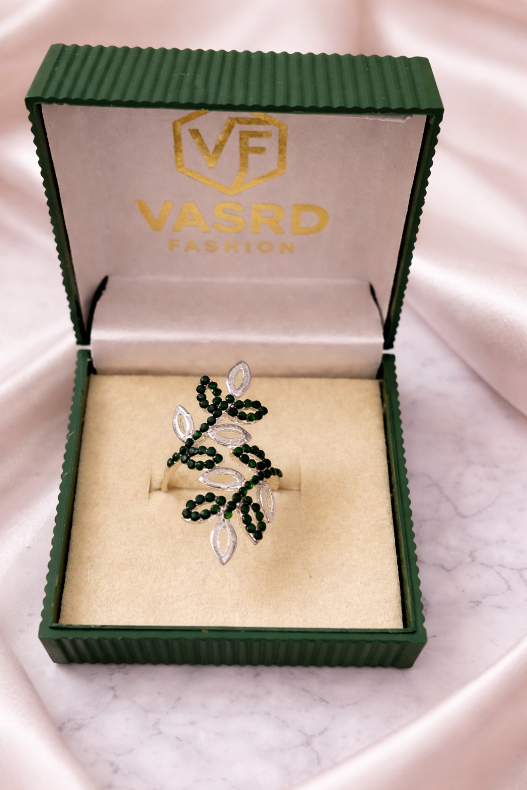 Green Leaf Design Crystal Statement Ring for Women