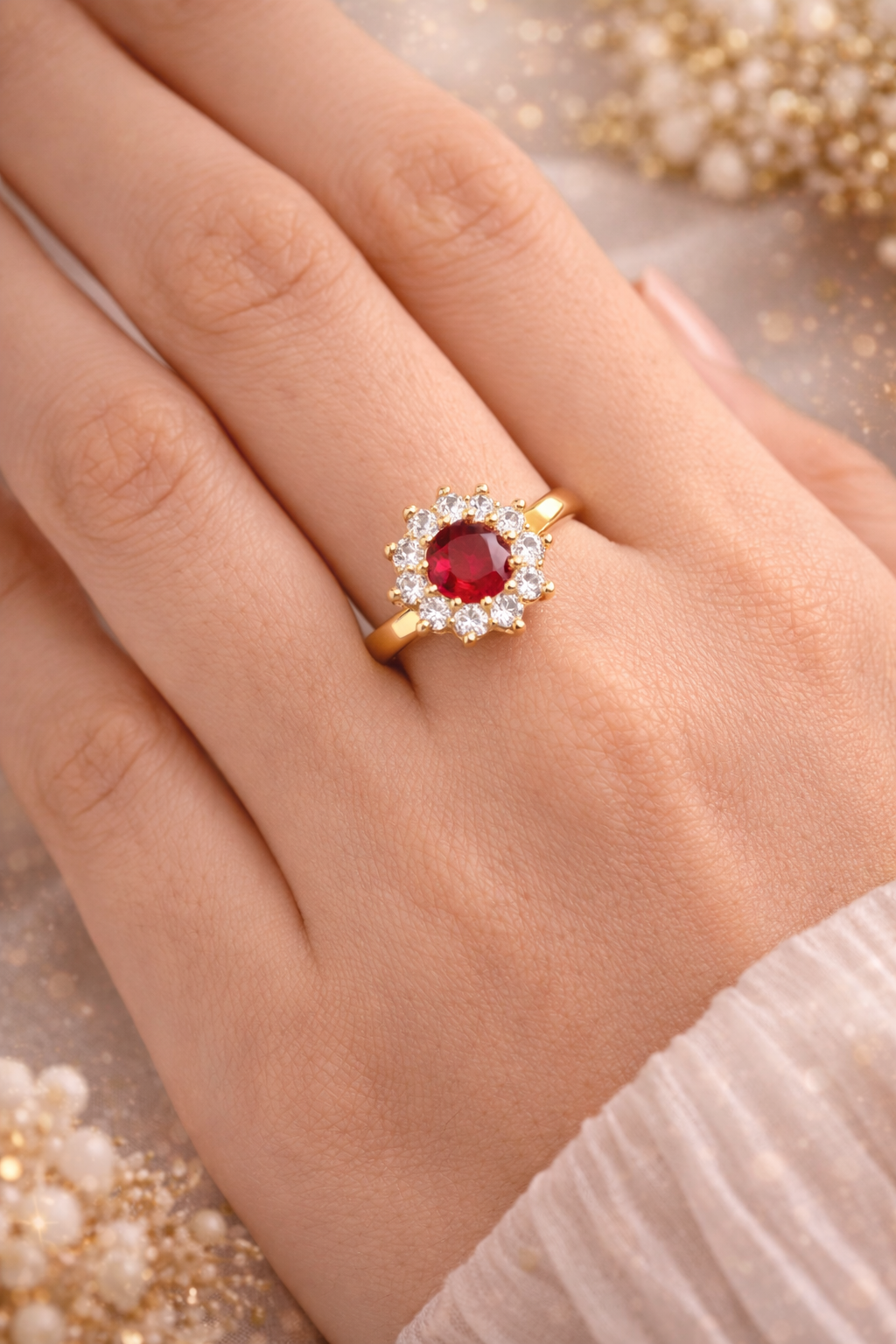 Royal Ruby Halo Elegance Cushion Wrap Ring