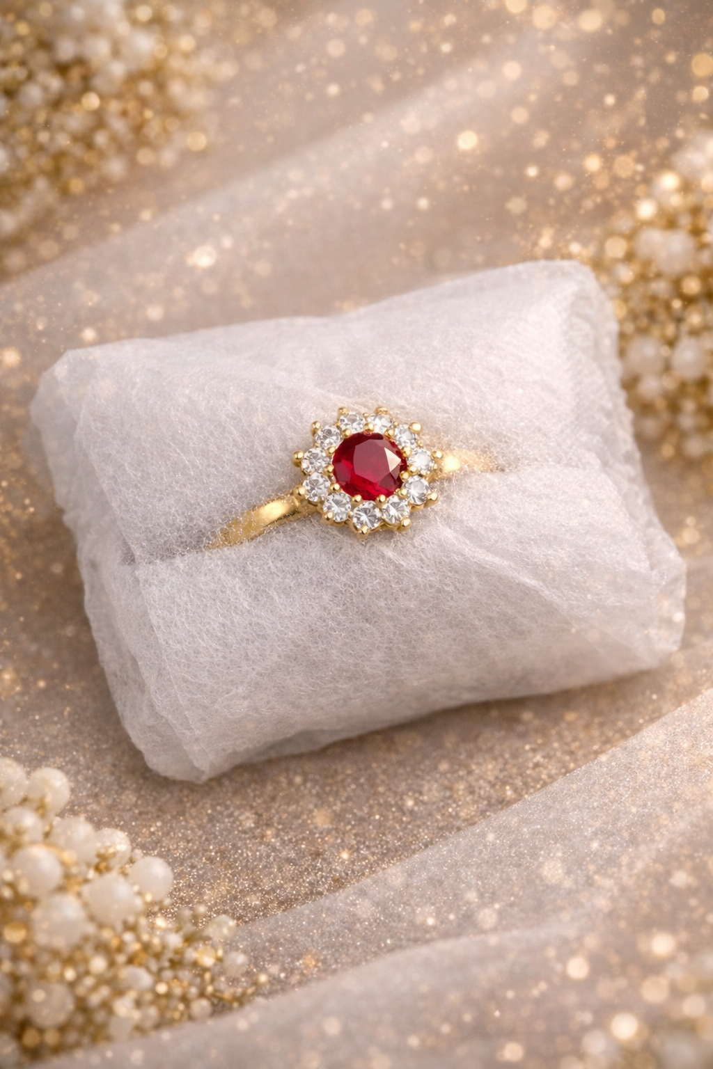 Royal Ruby Halo Elegance Cushion Wrap Ring