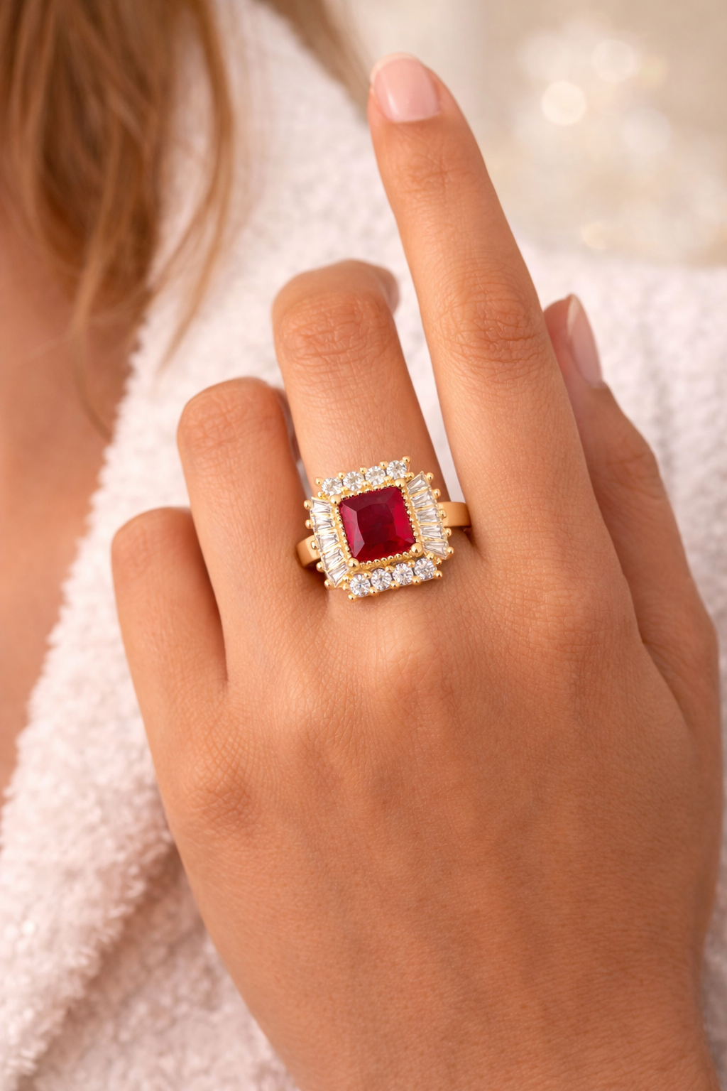 Royal Square Ruby Diamond Halo Ring