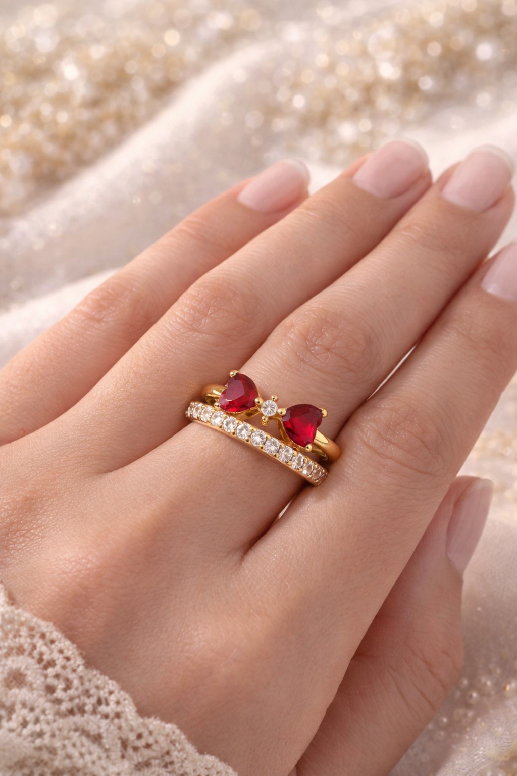 Romantic Twin Heart Ruby Duo Ring
