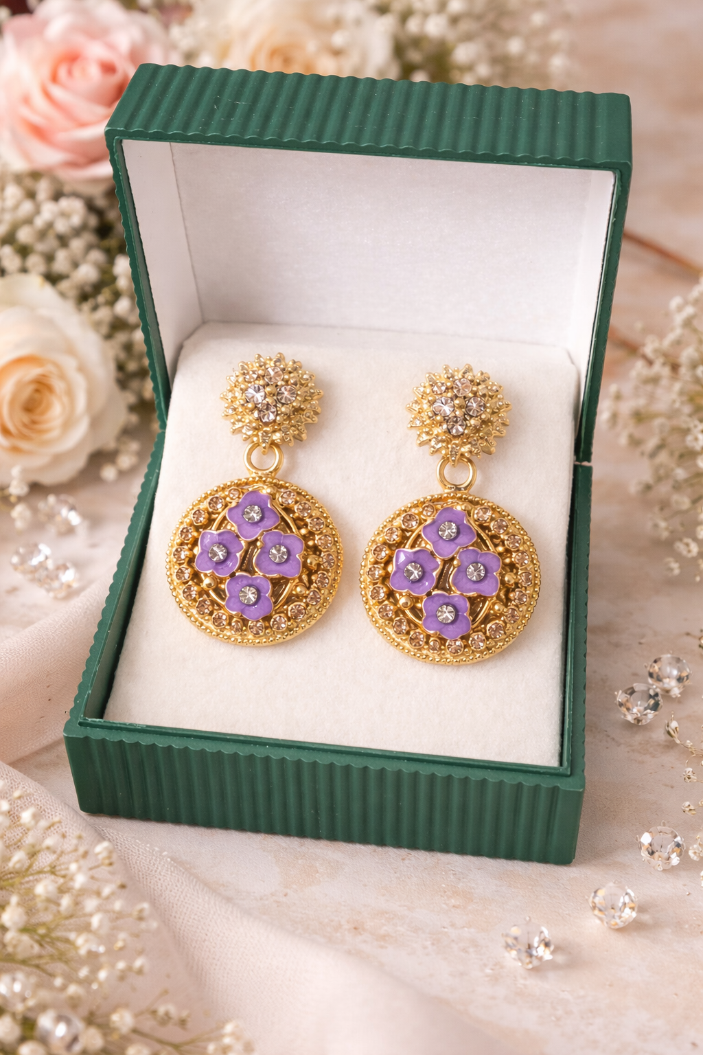 Royal Gold Floral Crystal Drop Earrings