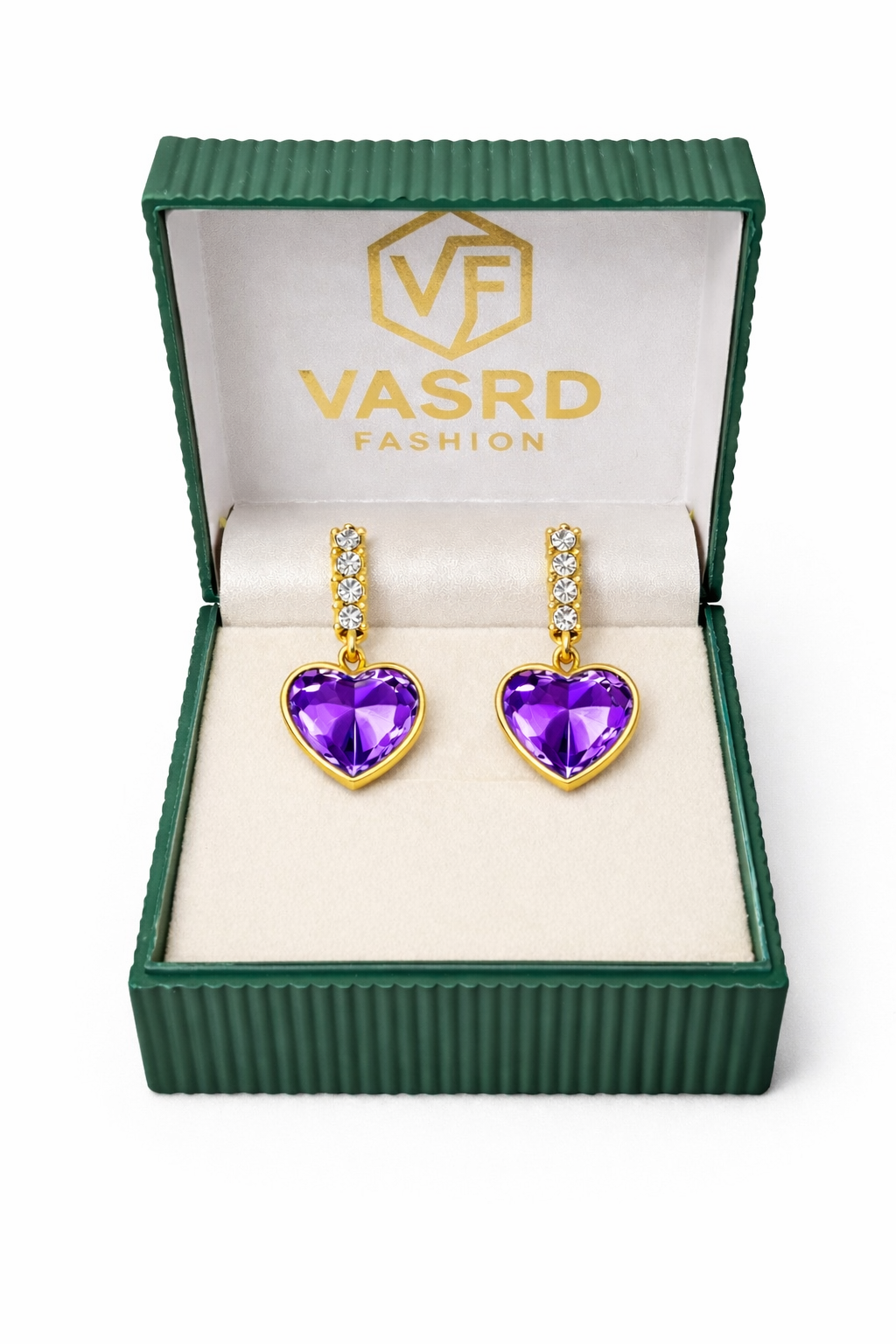 Elegant Purple Heart Crystal Gold Drop Earrings