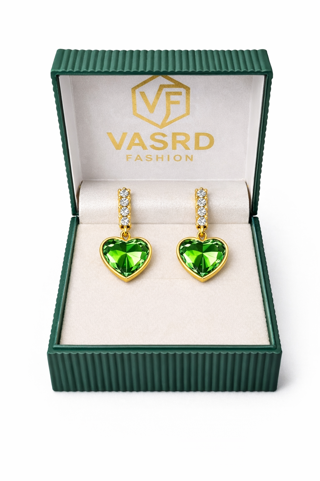 Parrot Green Heart Crystal Drop Earrings with Gold Finish
