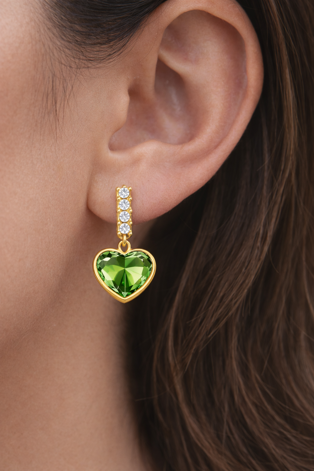 Parrot Green Heart Crystal Drop Earrings with Gold Finish