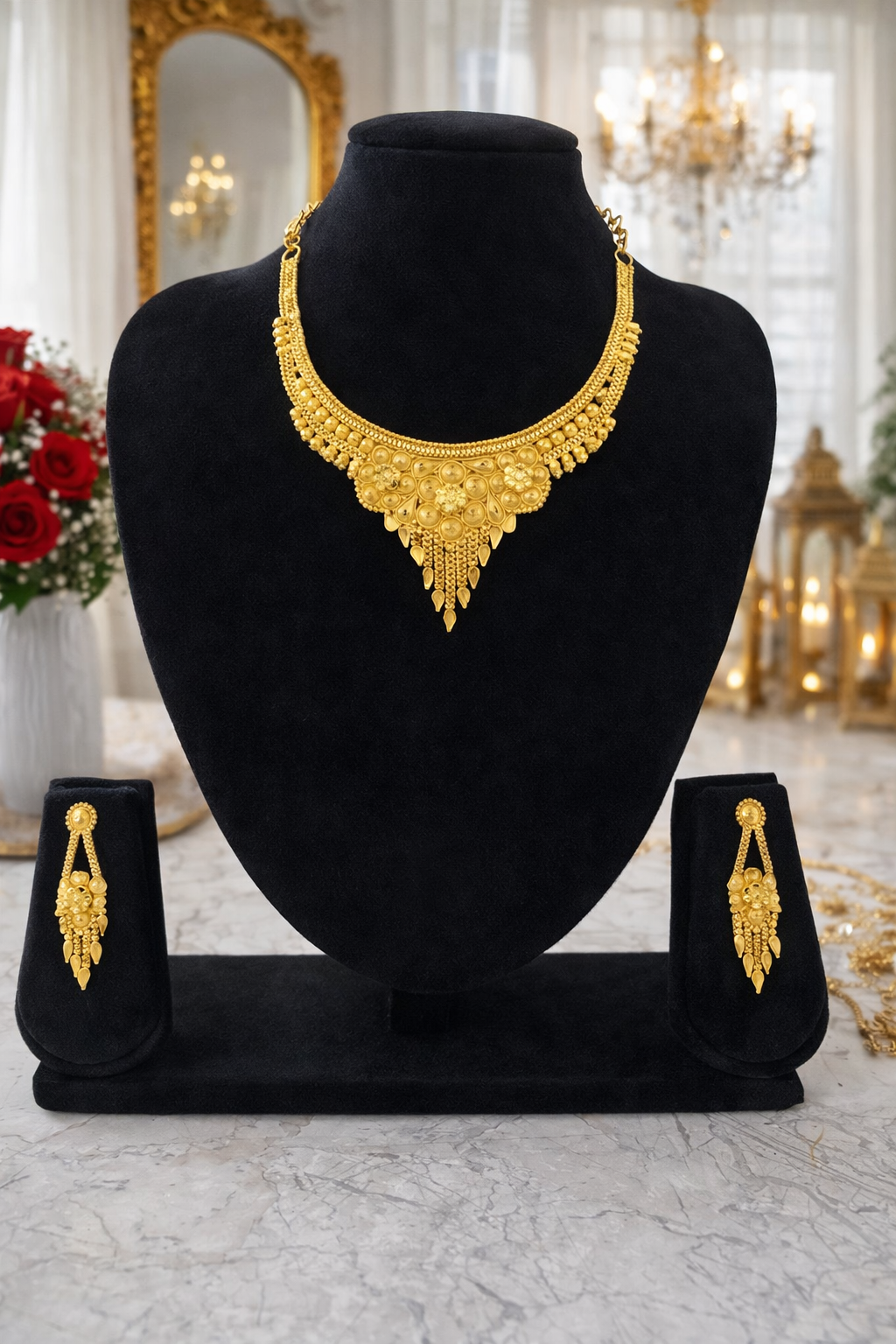 Majestic Floral Cascade Gold Necklace Set