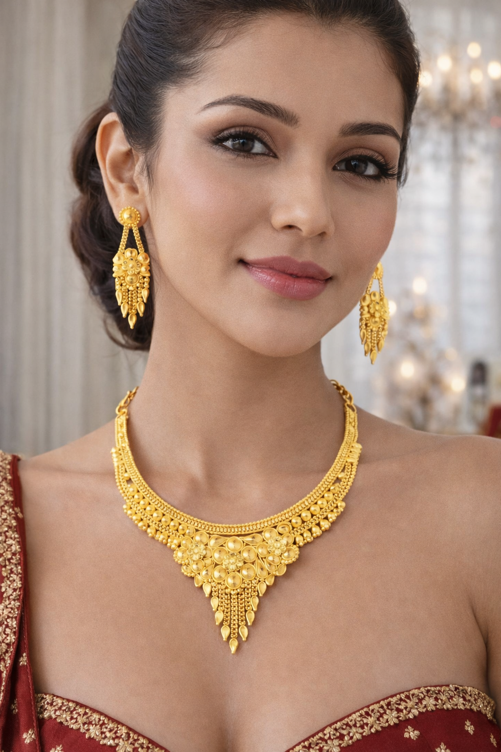 Majestic Floral Cascade Gold Necklace Set