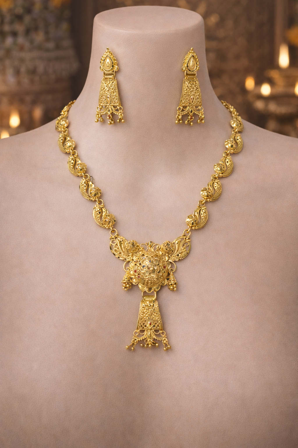 Classic Antique Gold Filigree Necklace Set with Traditional Jhumka Earrings