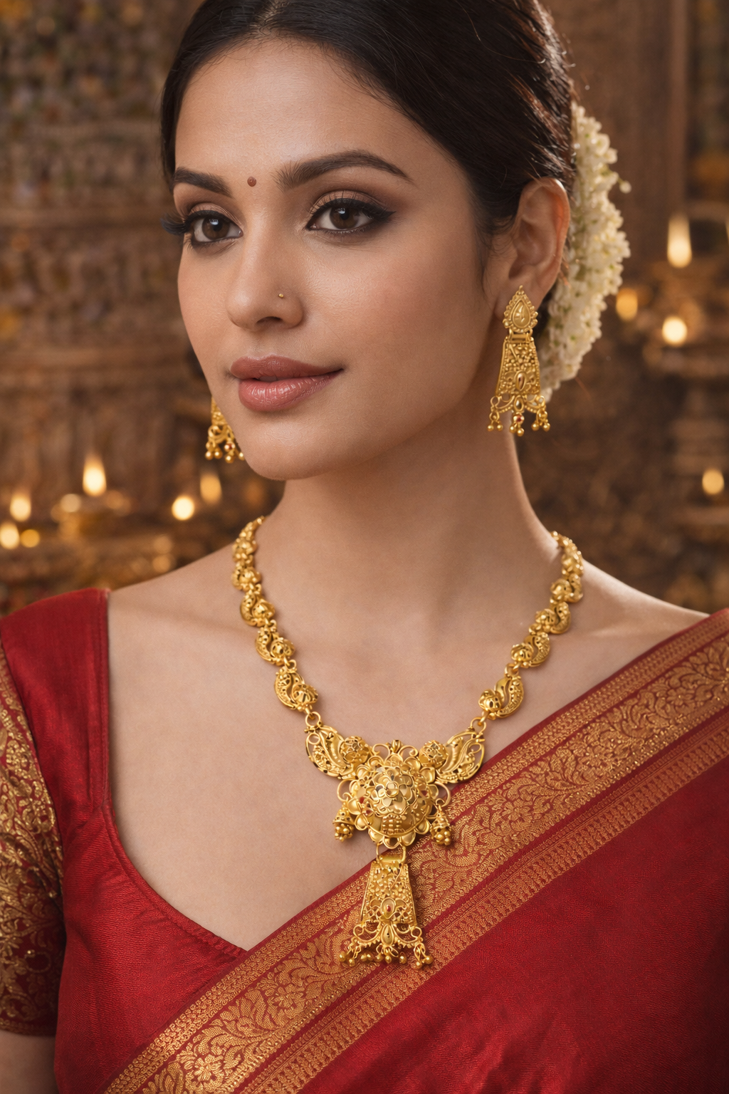 Classic Antique Gold Filigree Necklace Set with Traditional Jhumka Earrings