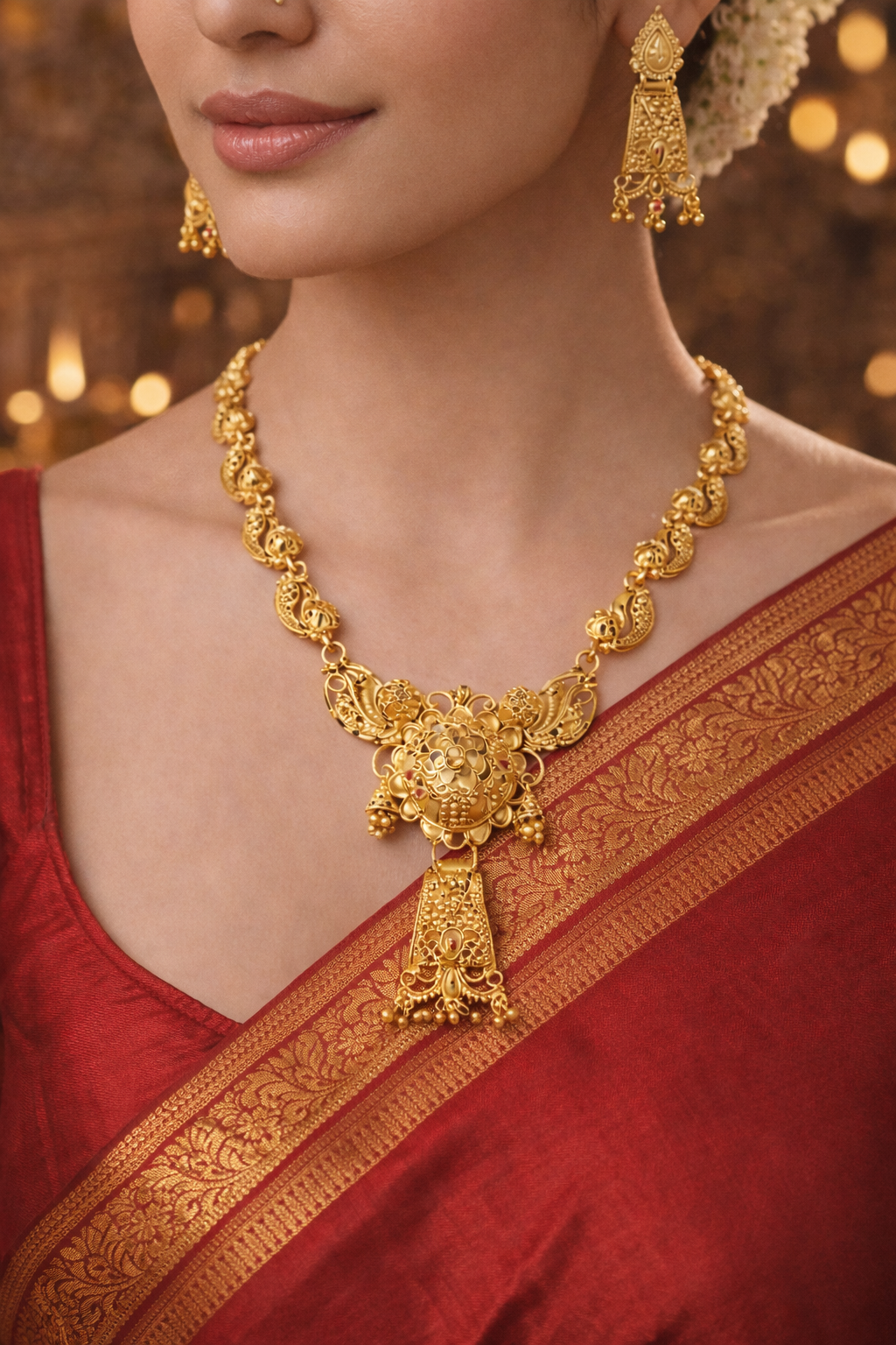 Classic Antique Gold Filigree Necklace Set with Traditional Jhumka Earrings