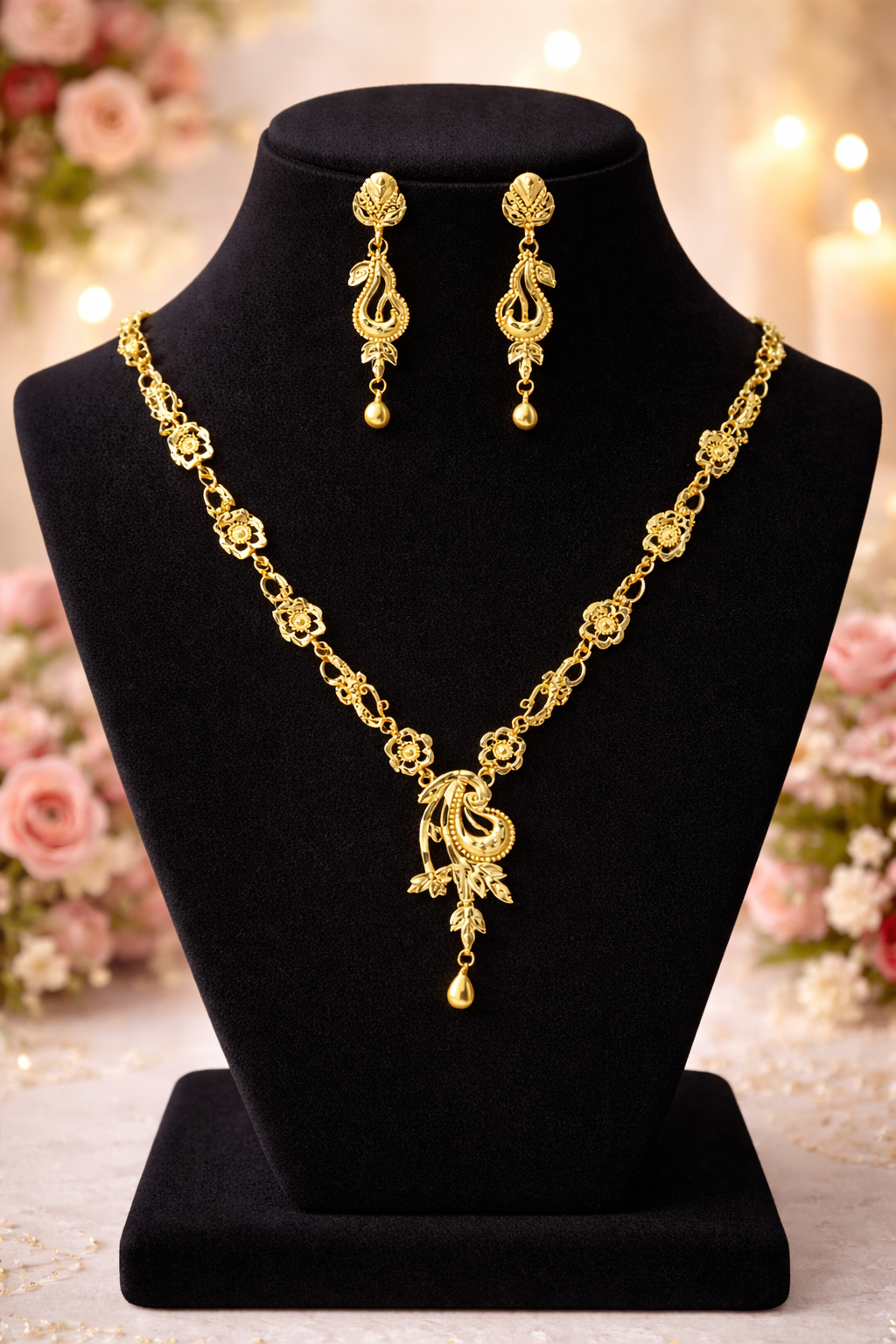 Elegant Floral Paisley Gold Necklace Set with Matching Drop Earrings