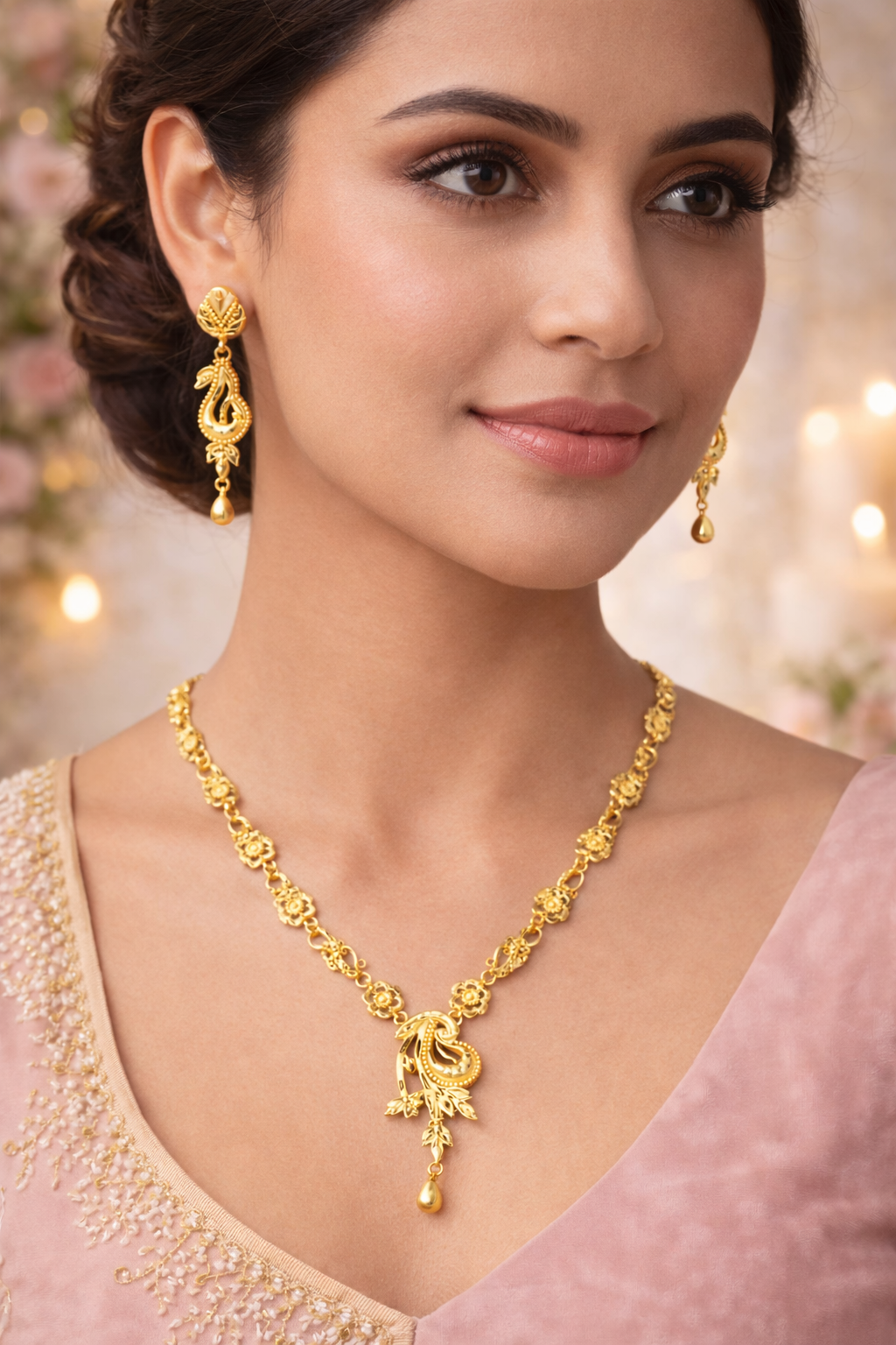 Elegant Floral Paisley Gold Necklace Set with Matching Drop Earrings