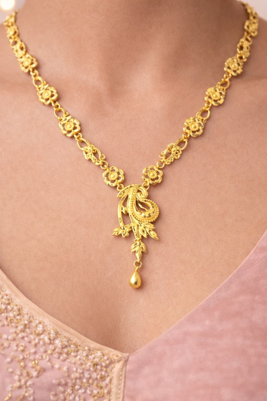 Elegant Floral Paisley Gold Necklace Set with Matching Drop Earrings