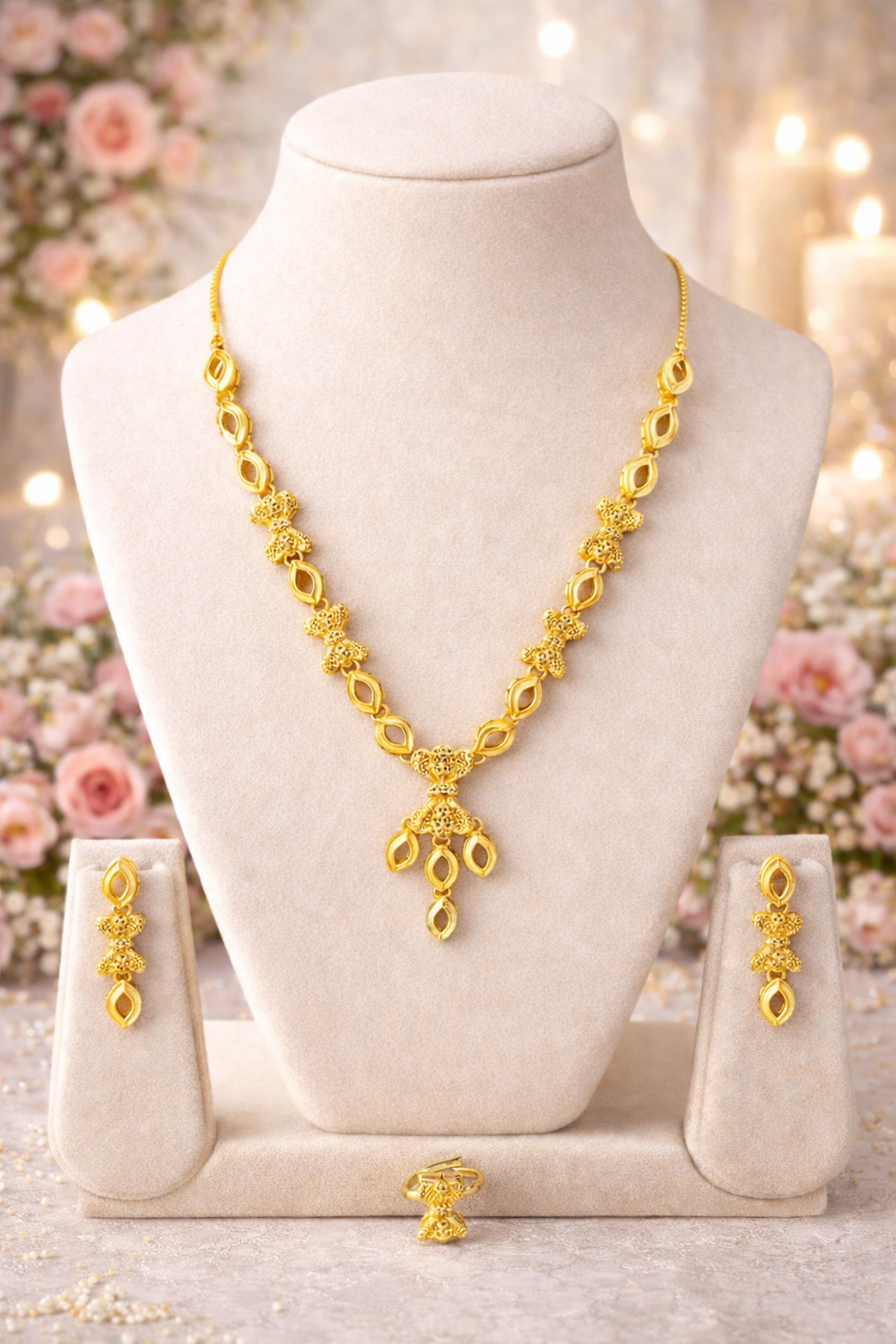 Royal Floral Gold Necklace Set with Matching Earrings & Ring