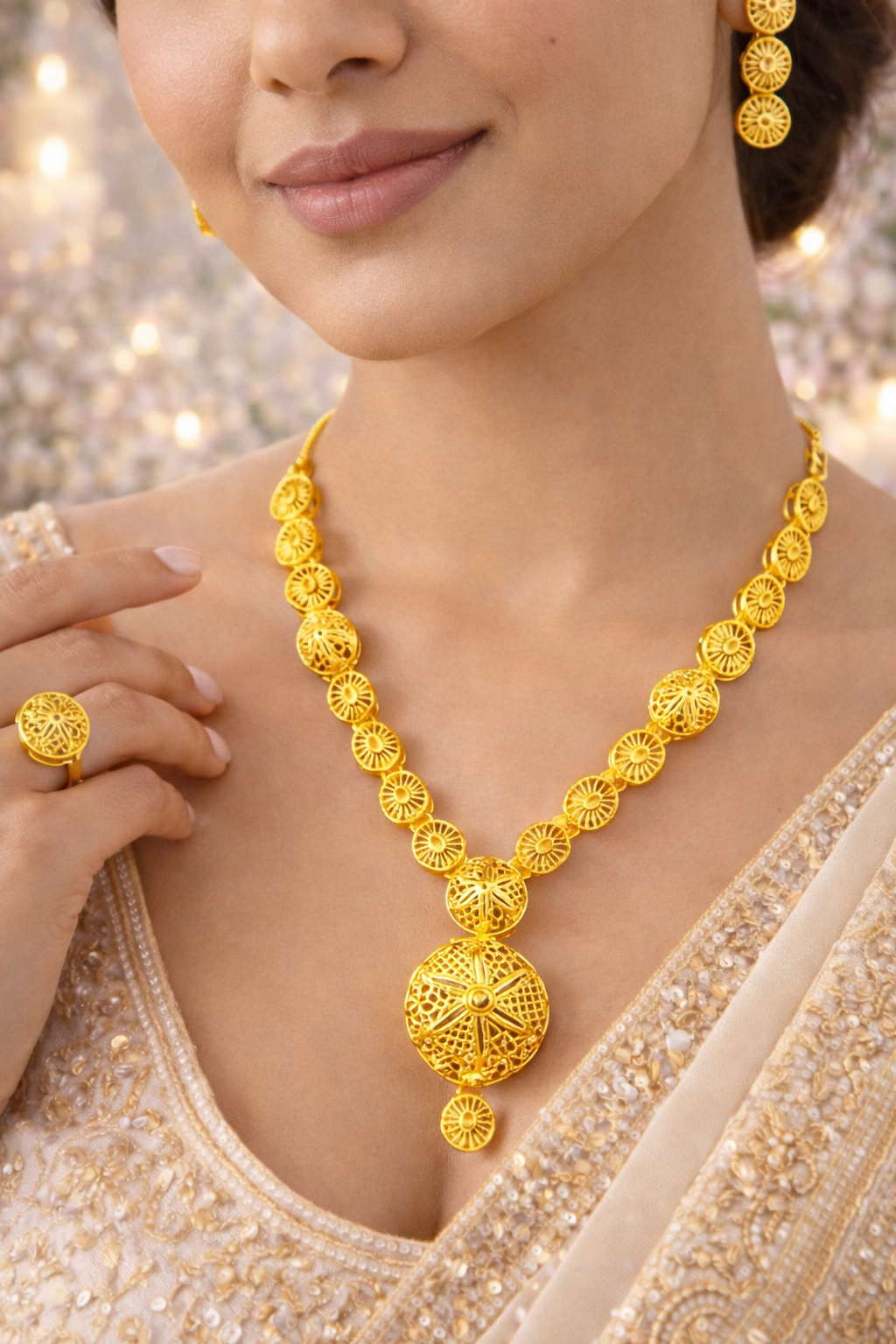 Elegant Filigree Gold Necklace with Classic Circular Pendant