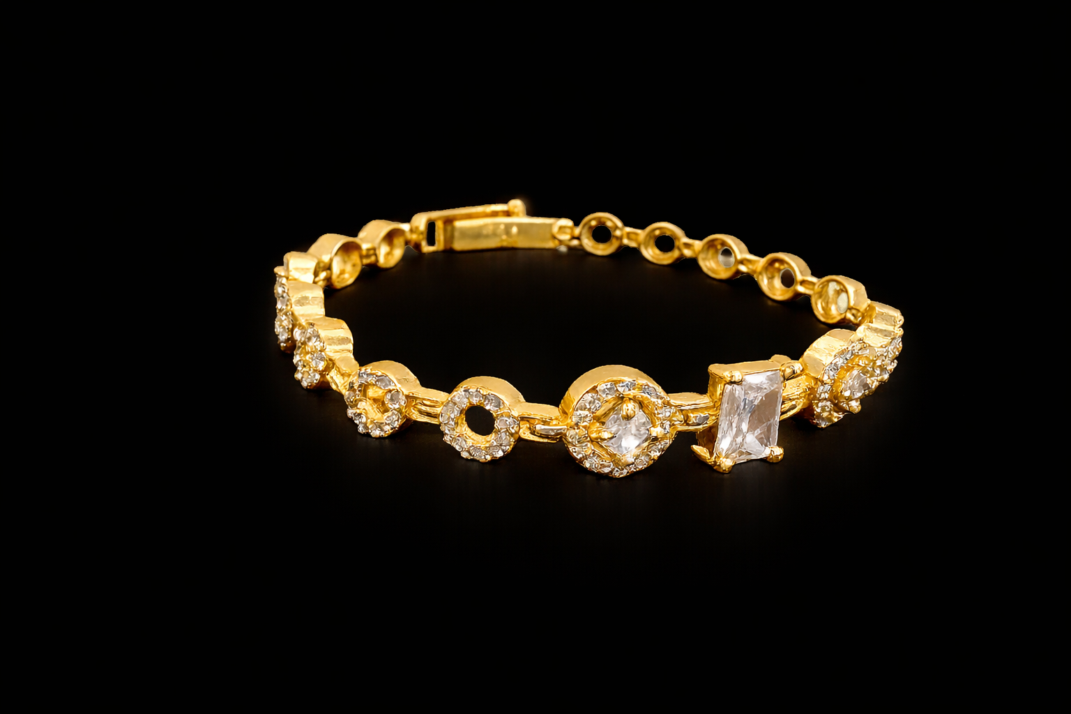 Elegant Gold Halo Tennis Bracelet with Round & Emerald-Cut Crystal Accents