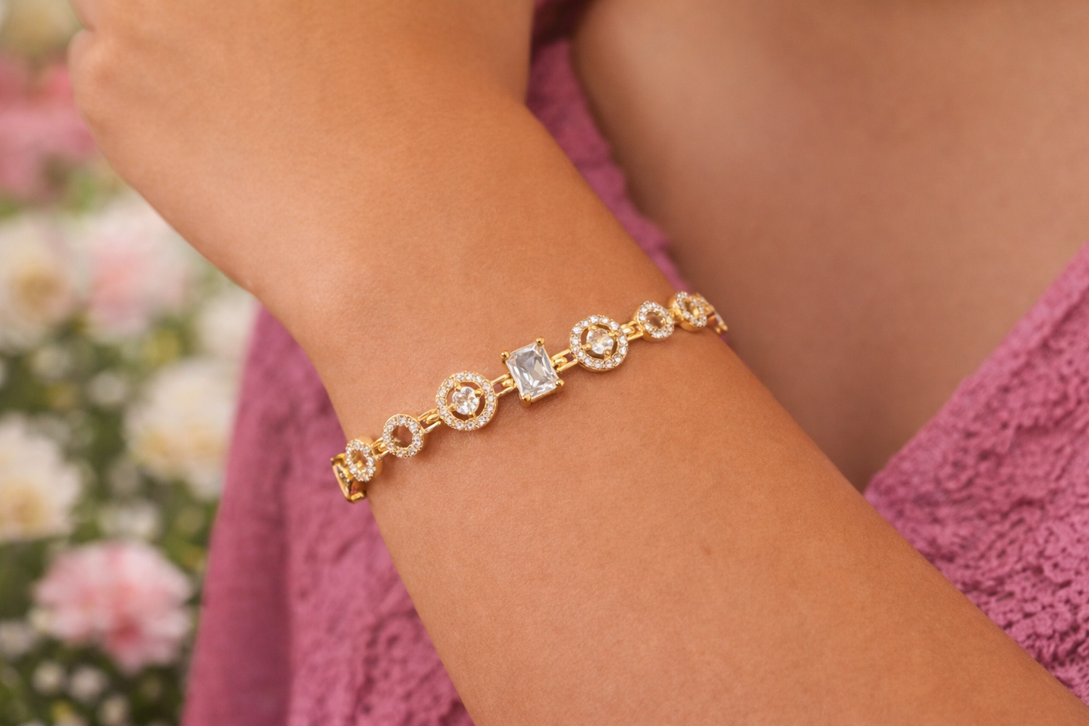 Elegant Gold Halo Tennis Bracelet with Round & Emerald-Cut Crystal Accents