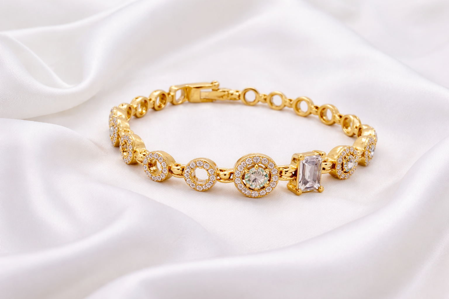 Elegant Gold Halo Tennis Bracelet with Round & Emerald-Cut Crystal Accents