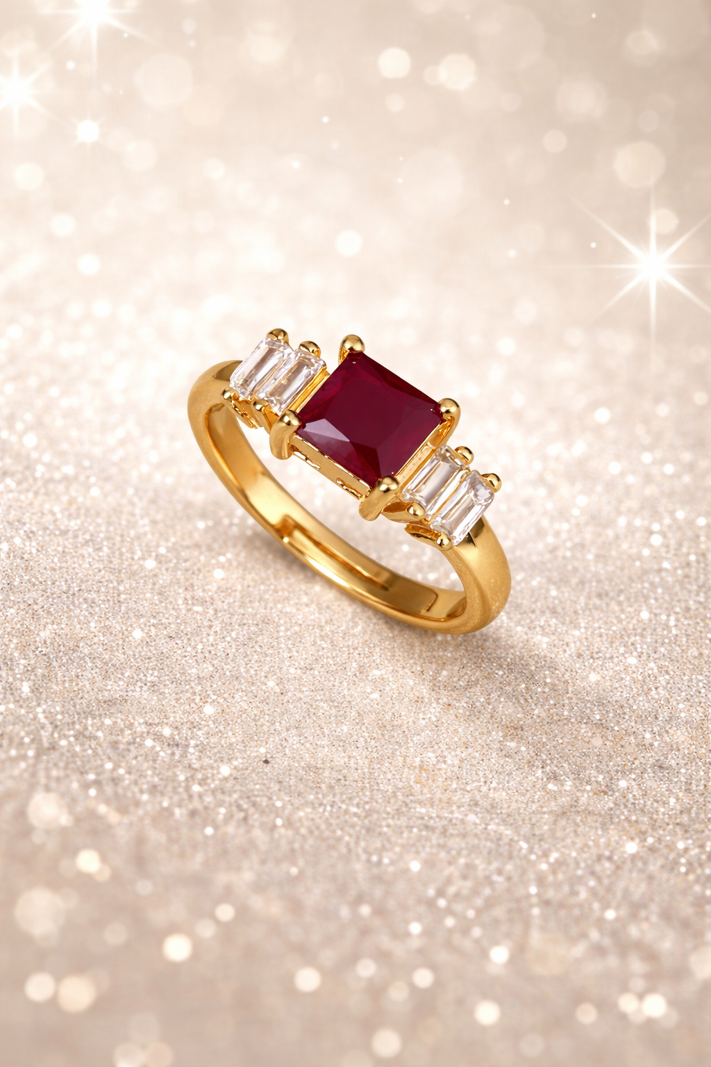 Elegant Ruby & Diamond Three-Stone Gold Ring
