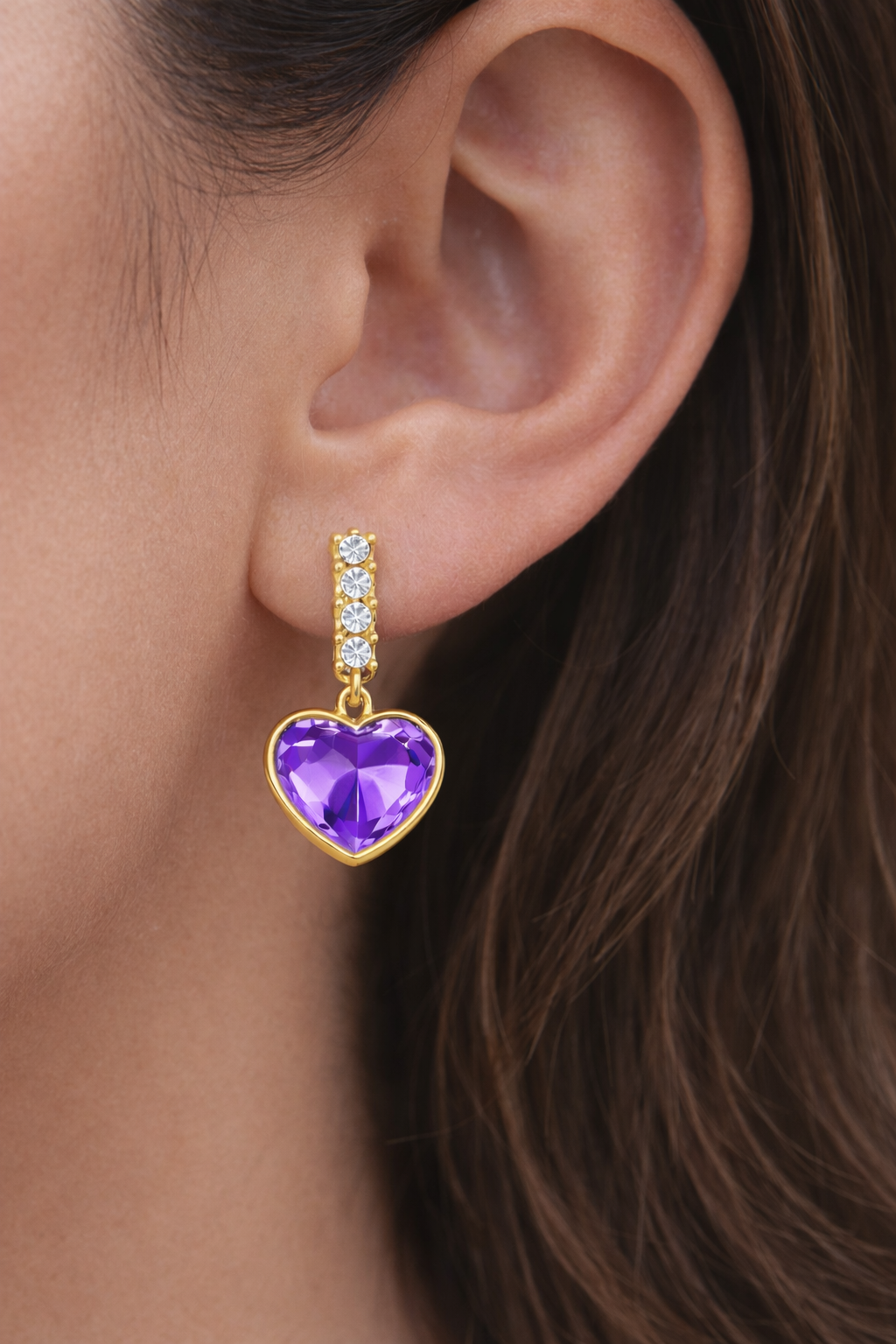 Elegant Purple Heart Crystal Gold Drop Earrings