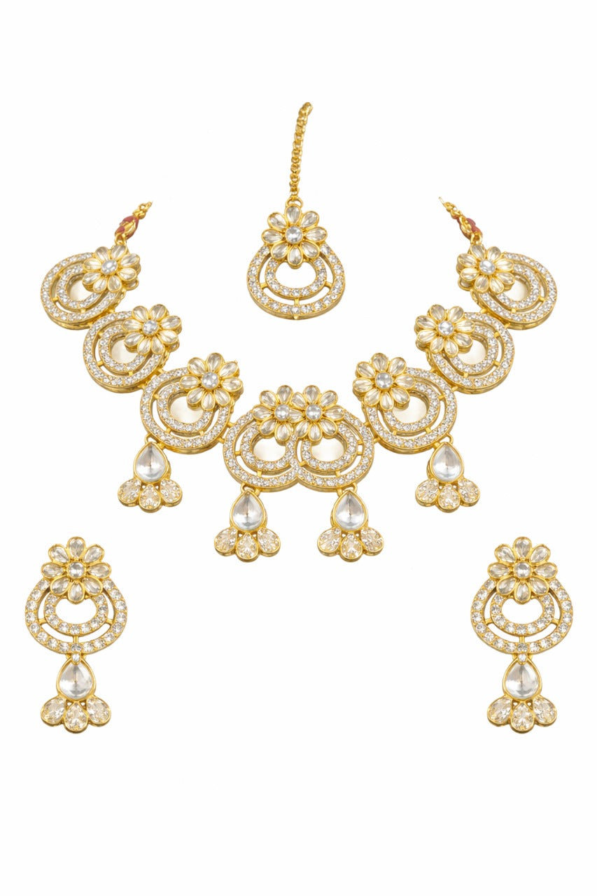 Royal Floral Kundan Necklace Set with Matching Earrings & Maang Tikka