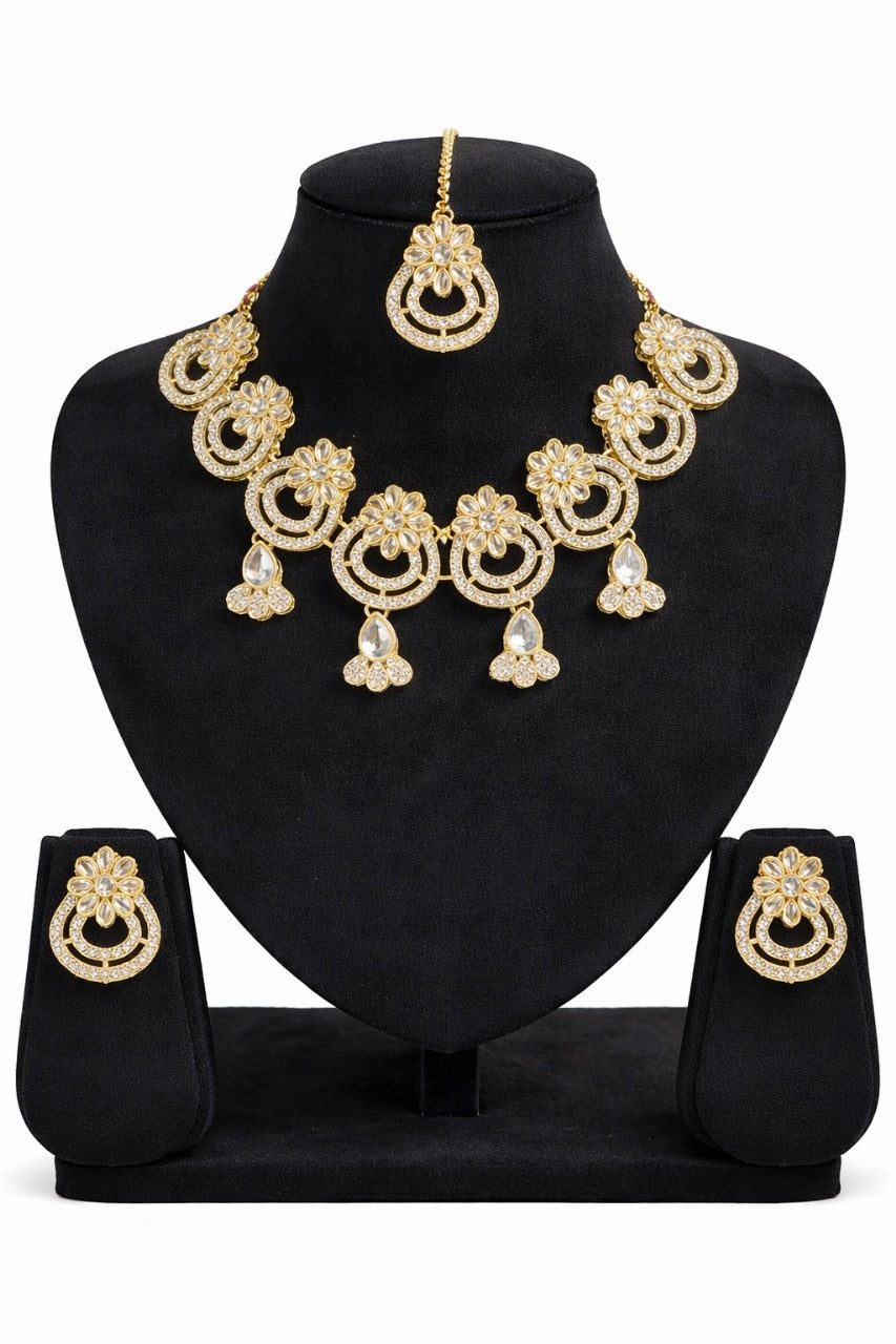 Royal Floral Kundan Necklace Set with Matching Earrings & Maang Tikka