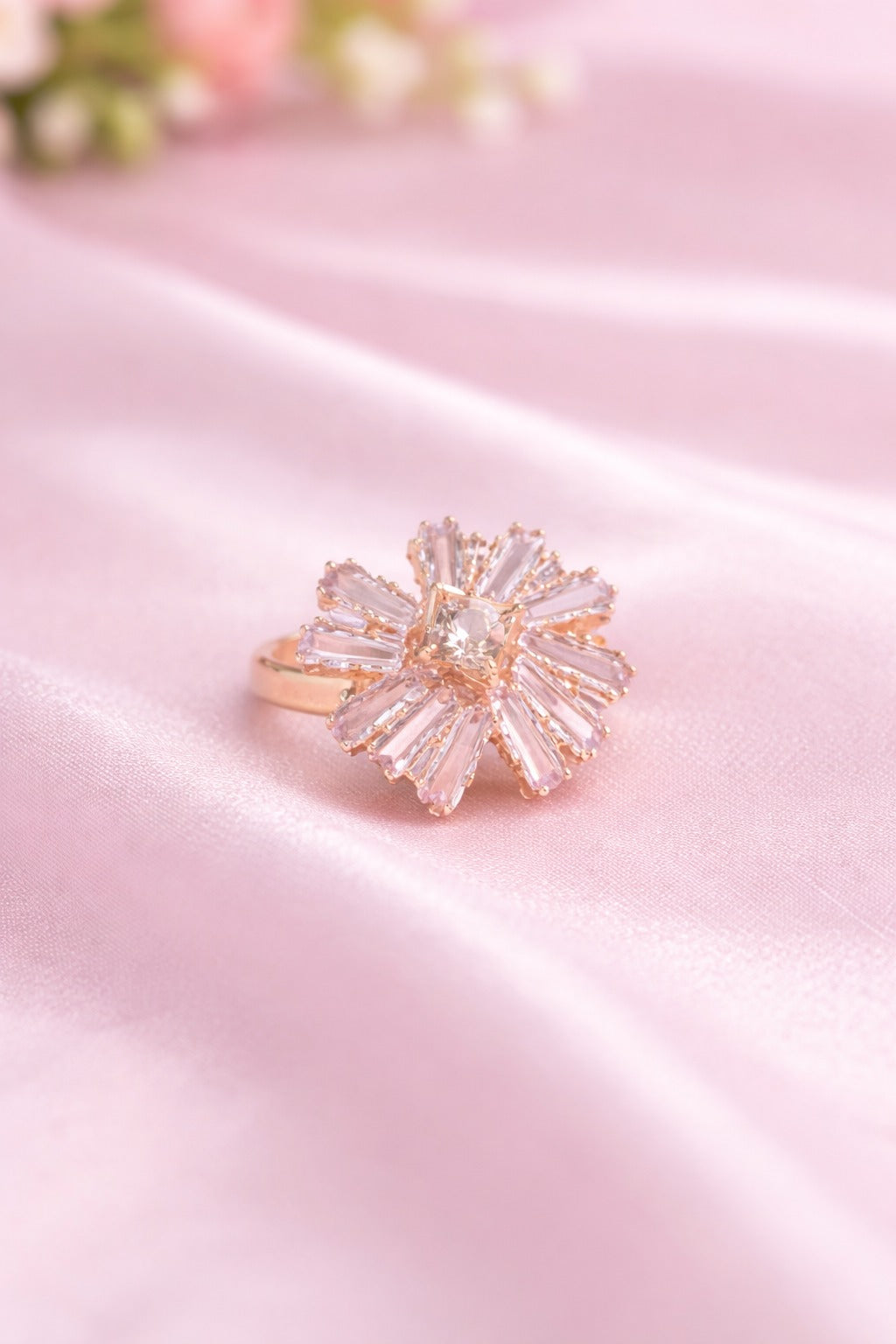 Rose Gold Crystal Bloom Statement Ring