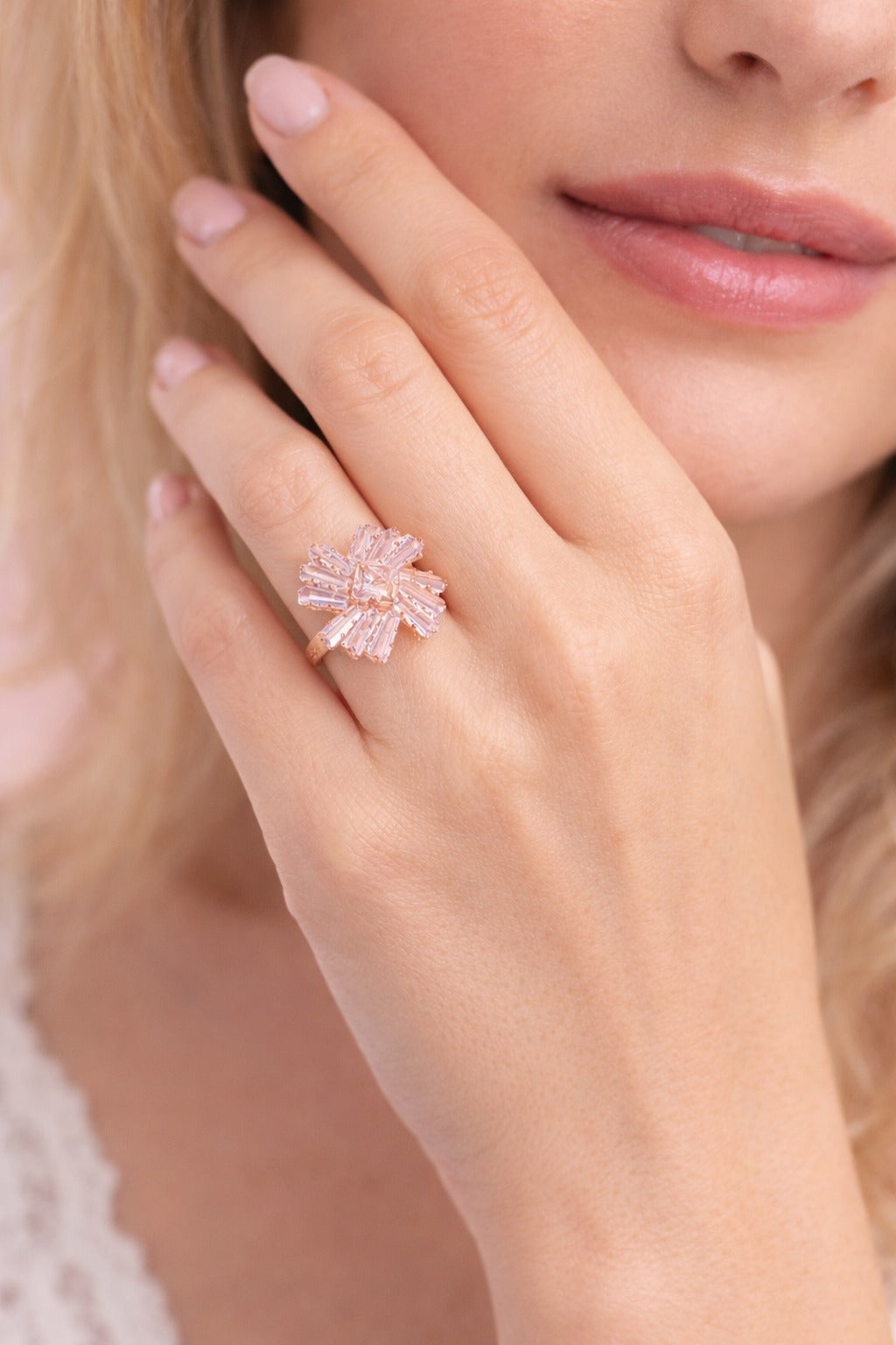 Rose Gold Crystal Bloom Statement Ring