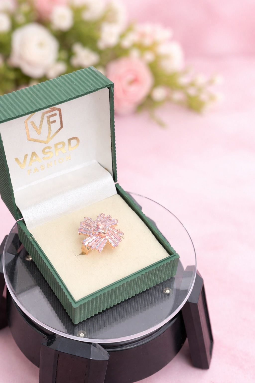 Rose Gold Crystal Bloom Statement Ring