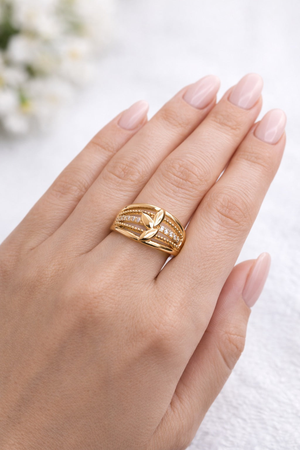 Leaf Design Gold Plated CZ Ring