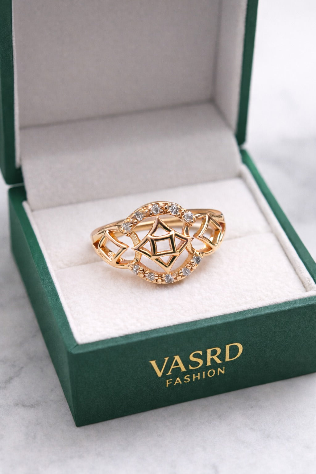 Luxury Geometric CZ Gold Plated Designer Ring