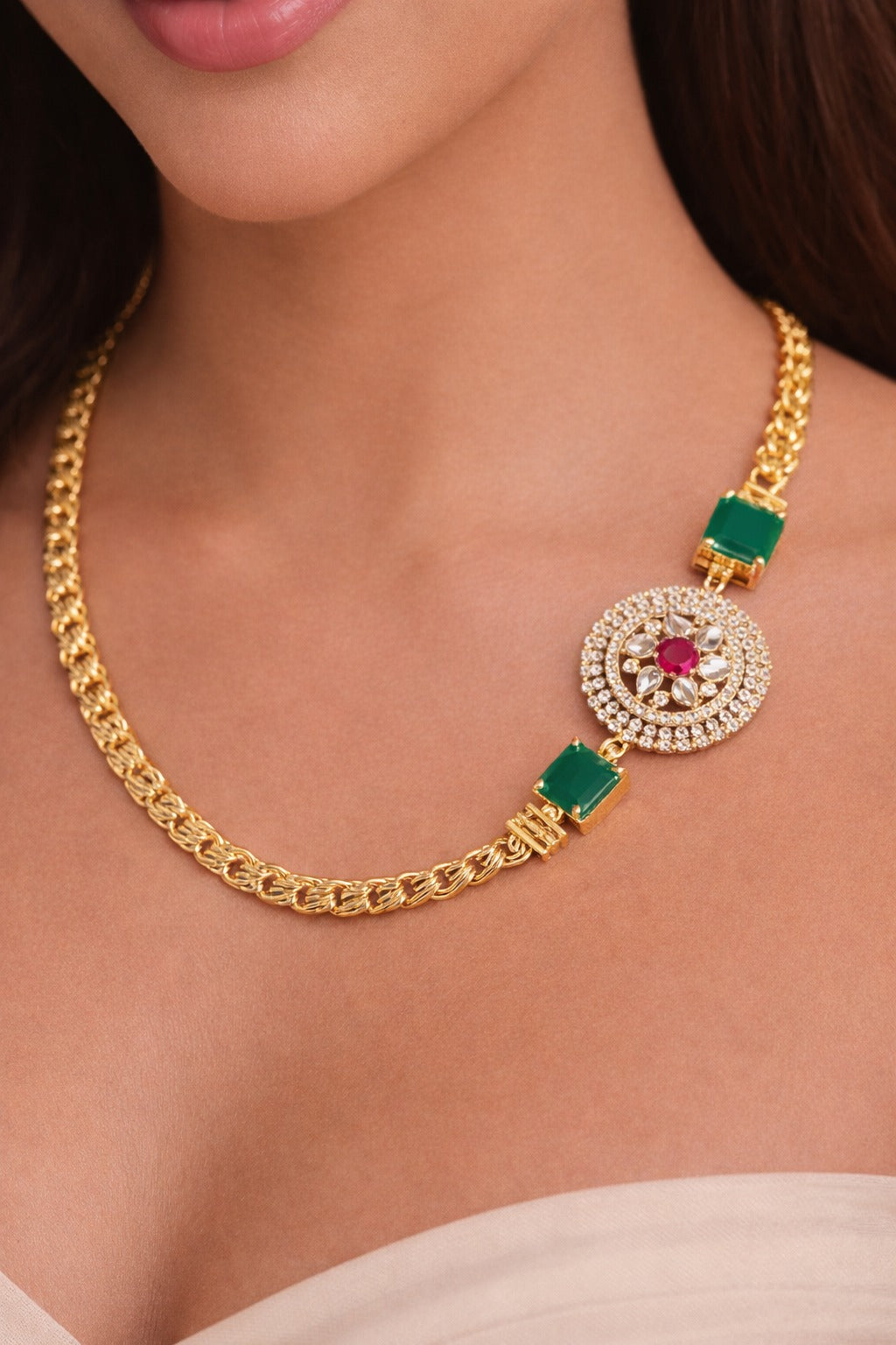 Royal Emerald & Ruby Gold-Plated Statement Necklace