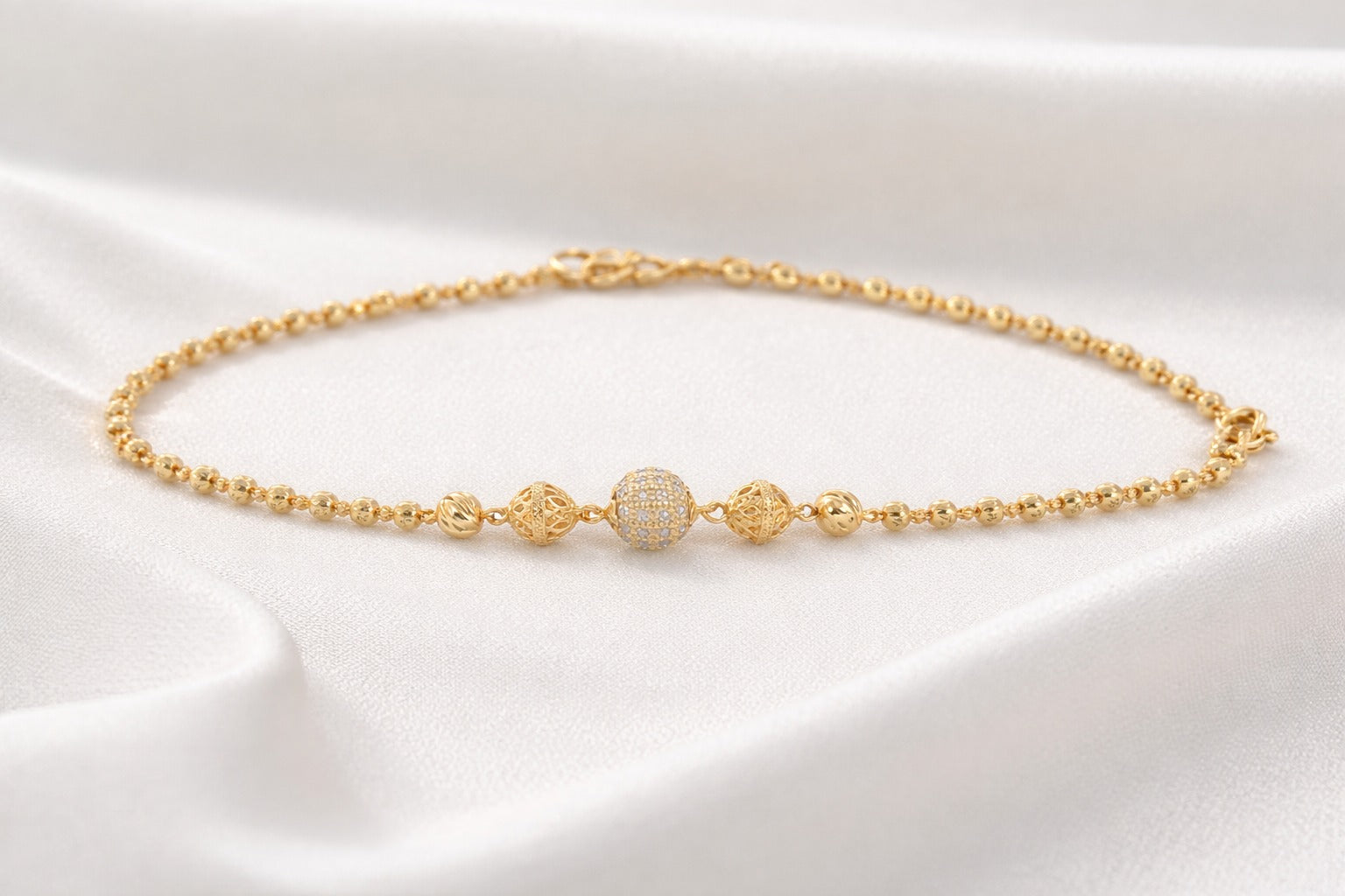 Elegant Gold Beaded Bracelet with Sparkling CZ Accent Ball