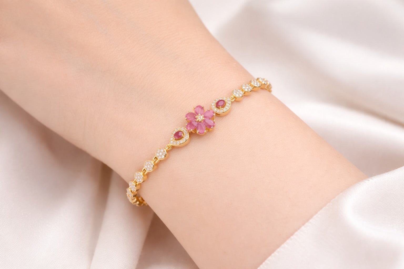 Luxury Gold-Plated Pink Floral Bracelet