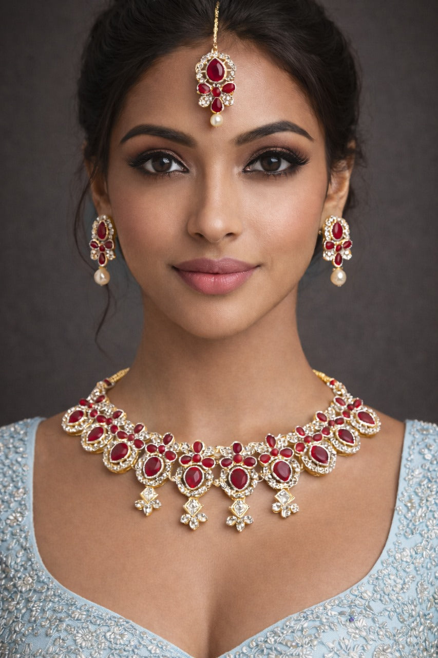 Royal Ruby & Kundan Bridal Necklace Set with Earrings and Maang Tikka