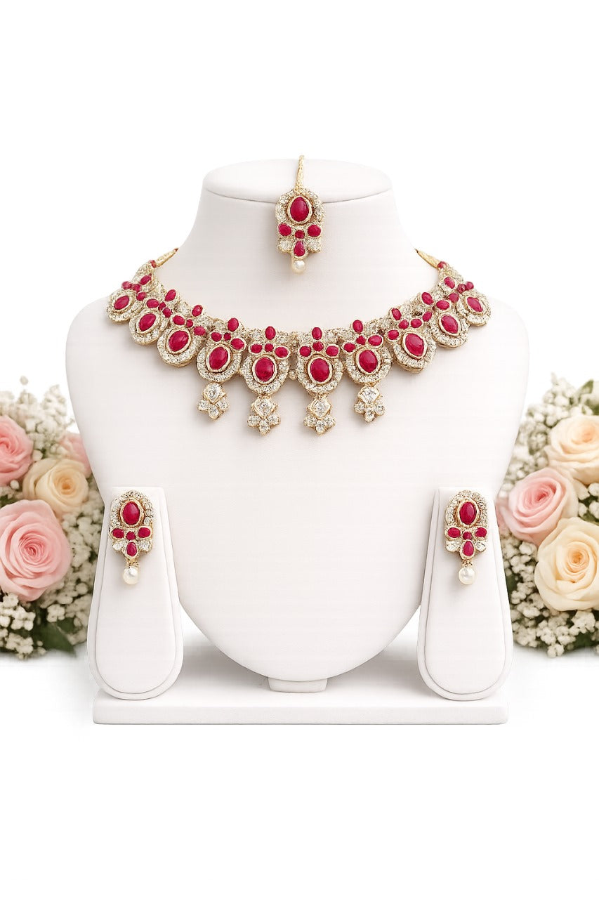 Royal Ruby & Kundan Bridal Necklace Set with Earrings and Maang Tikka