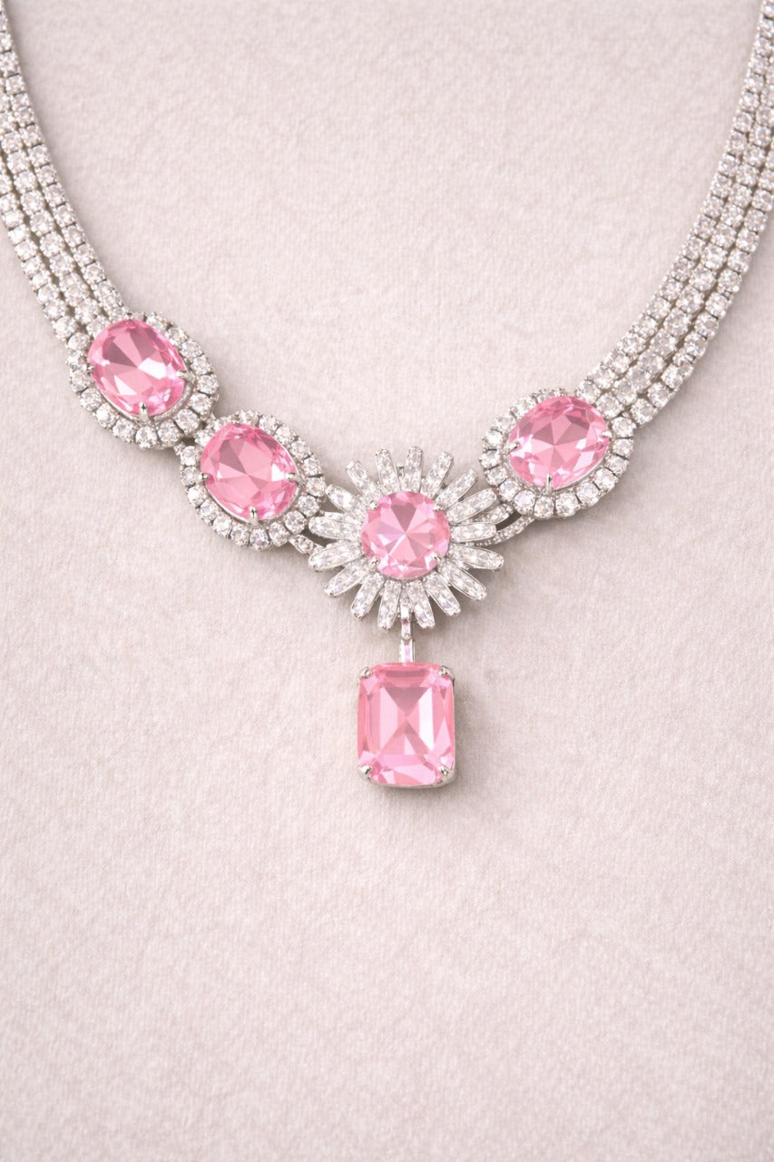 Royal Pink Stone Diamond-Style Necklace & Earring Set