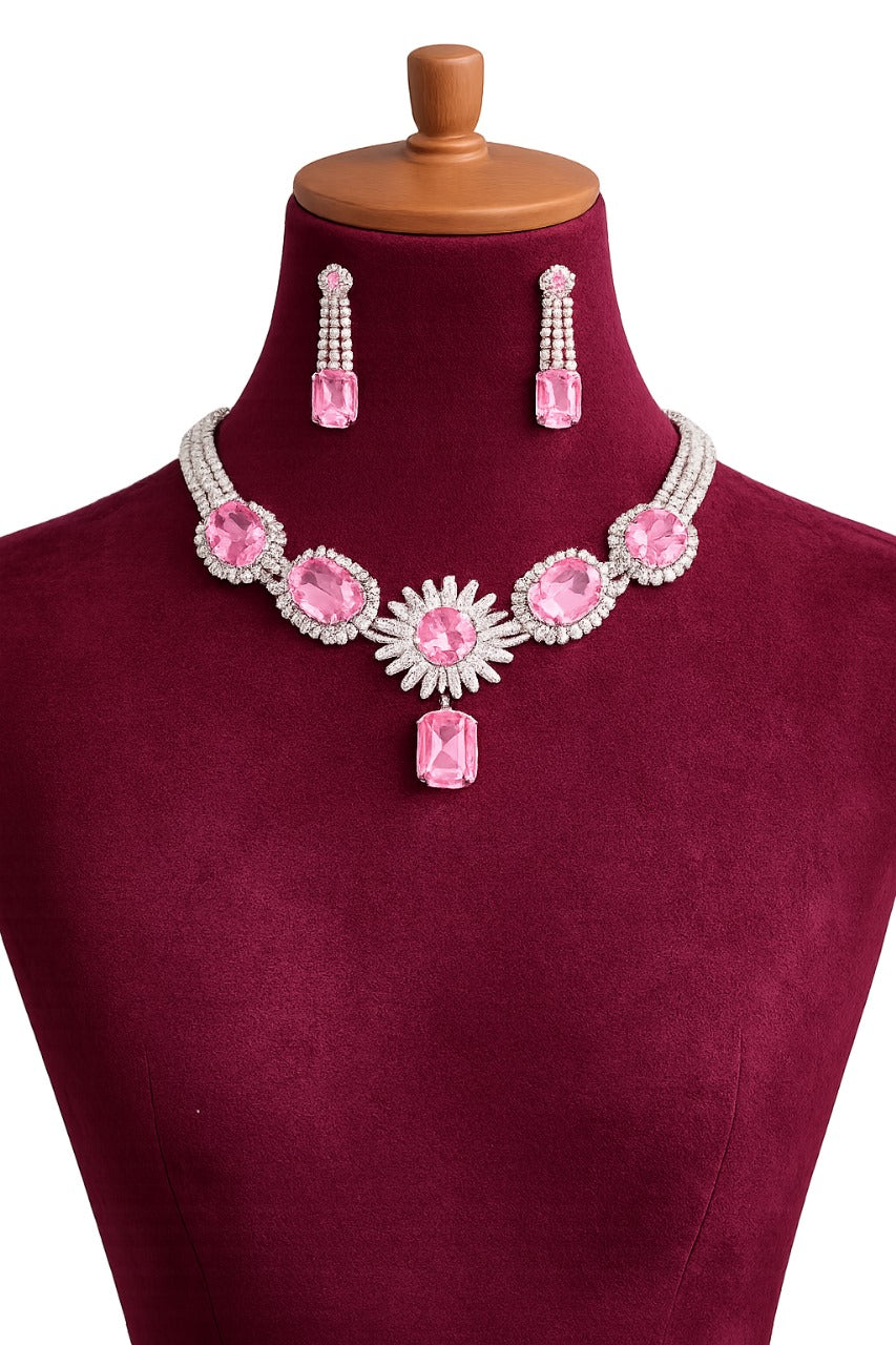 Royal Pink Stone Diamond-Style Necklace & Earring Set