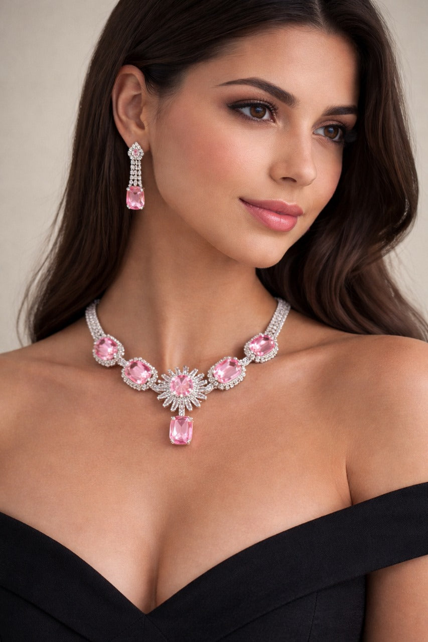 Royal Pink Stone Diamond-Style Necklace & Earring Set