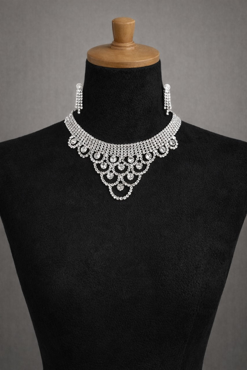 Elegant Silver-Tone Crystal Choker Necklace Set with Matching Drop Earrings