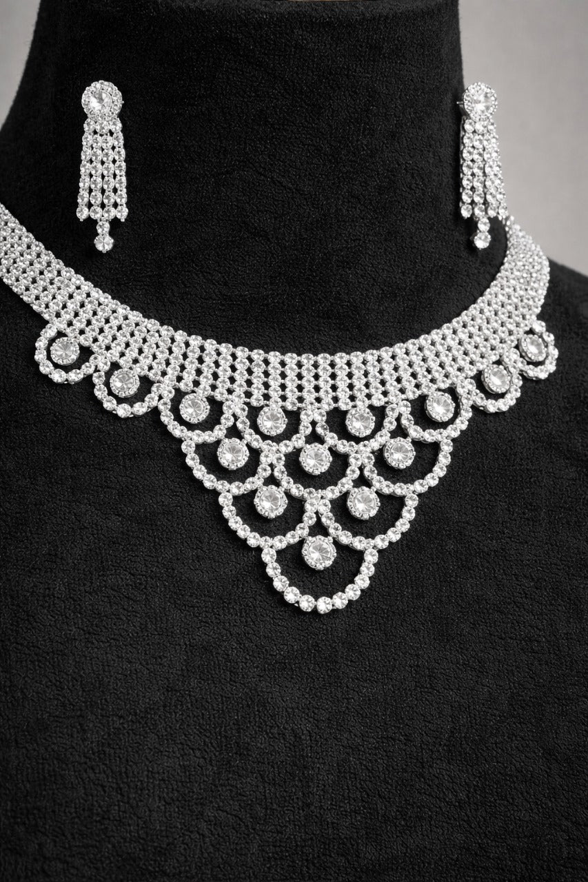 Elegant Silver-Tone Crystal Choker Necklace Set with Matching Drop Earrings