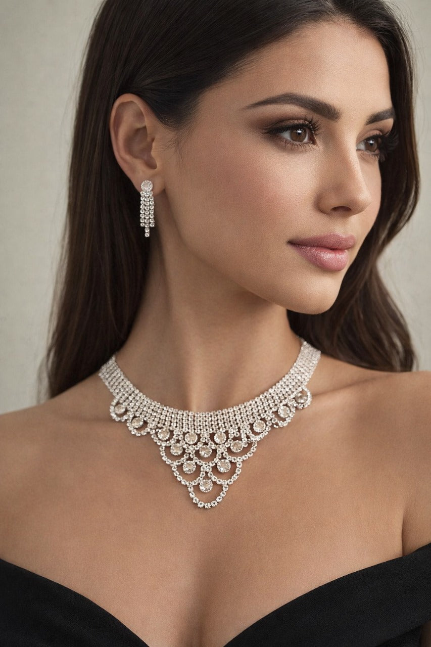 Elegant Silver-Tone Crystal Choker Necklace Set with Matching Drop Earrings