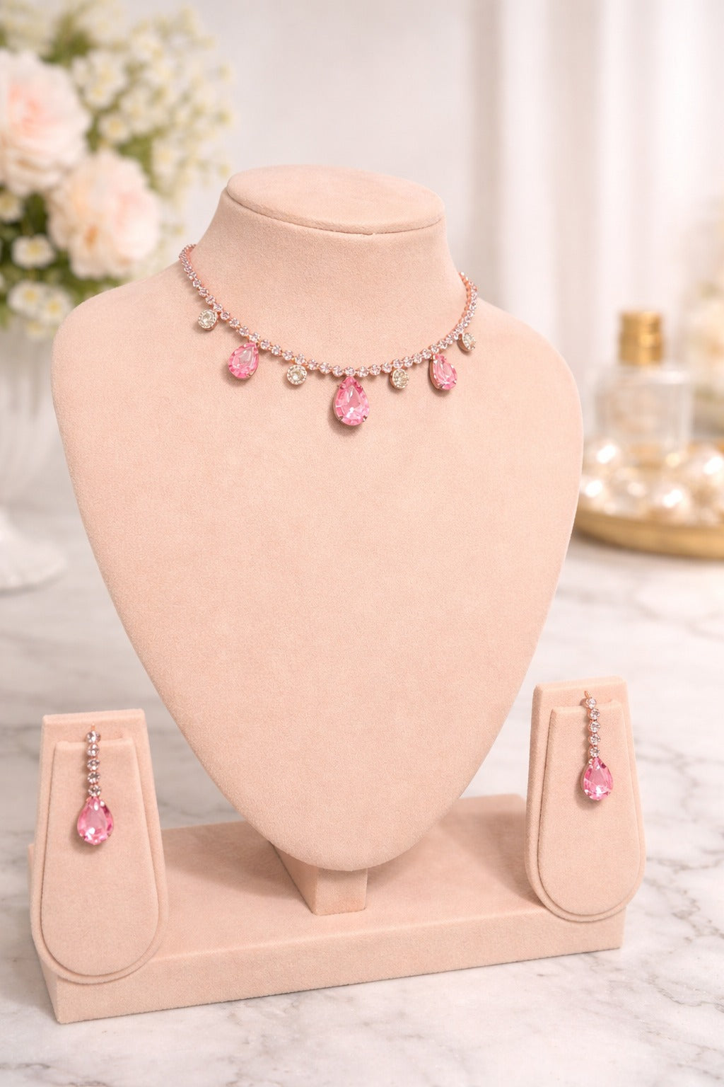 Elegant Pink Crystal Teardrop Necklace Set with Matching Earrings