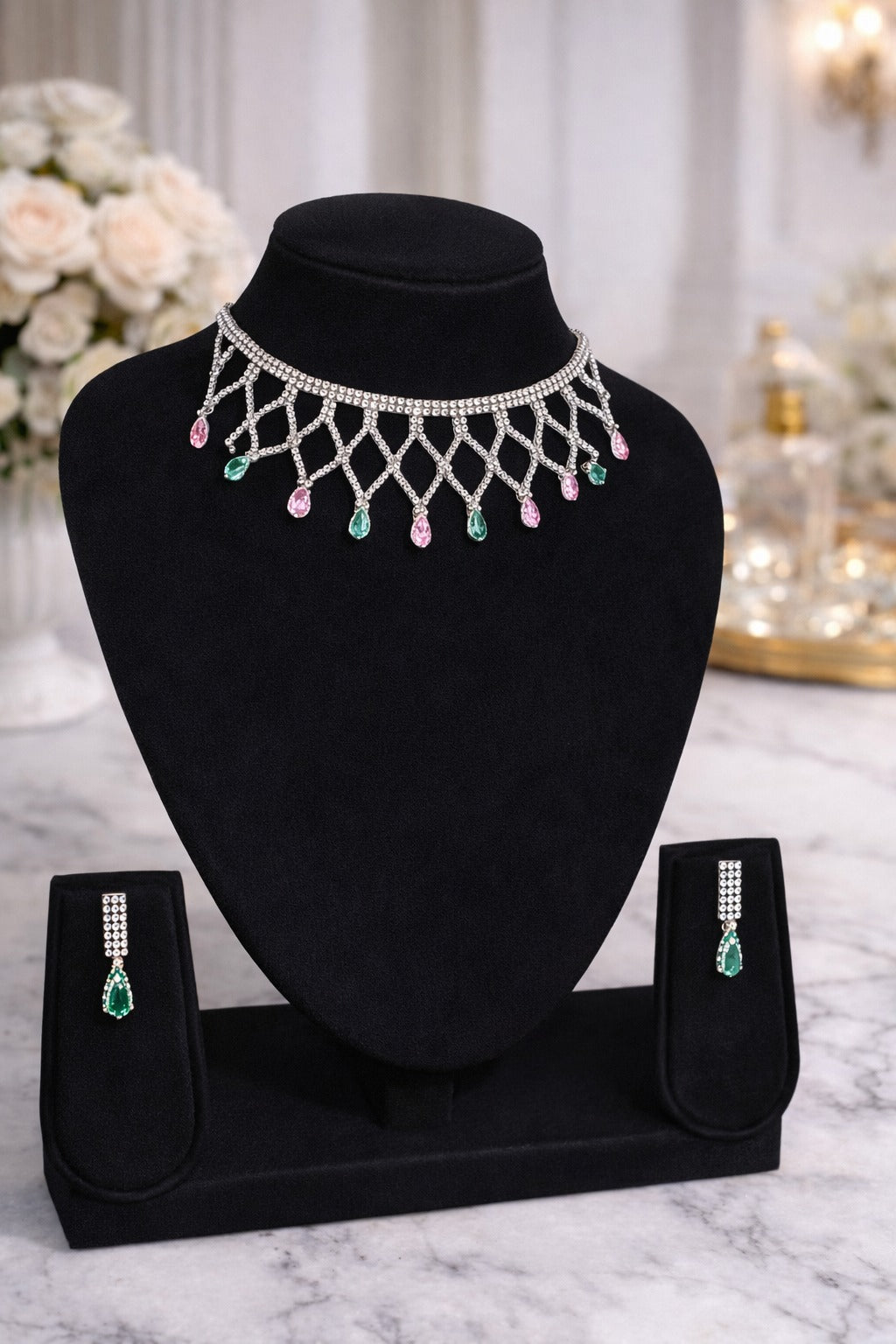 Elegant Diamond-Style Choker Necklace Set with Pink & Green Teardrop
