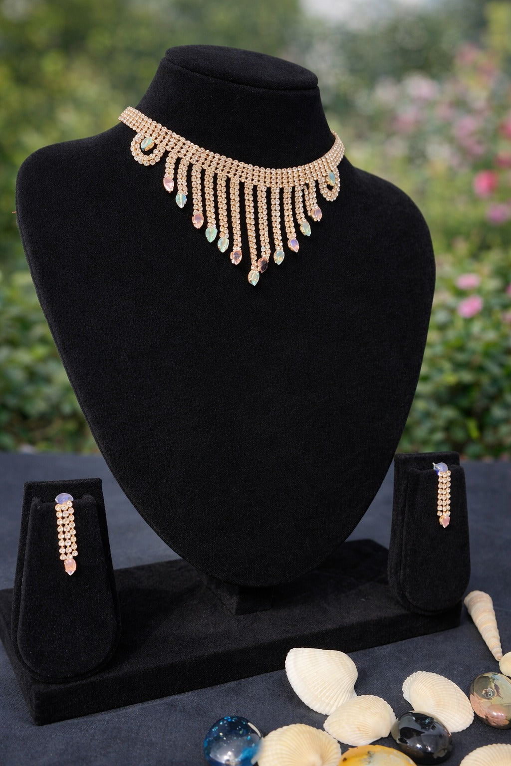 Royal Crystal Fringe Choker Necklace Set with Matching Earrings