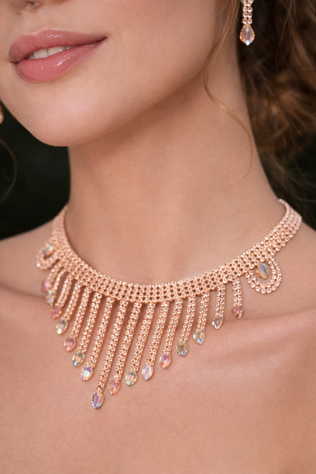 Royal Crystal Fringe Choker Necklace Set with Matching Earrings