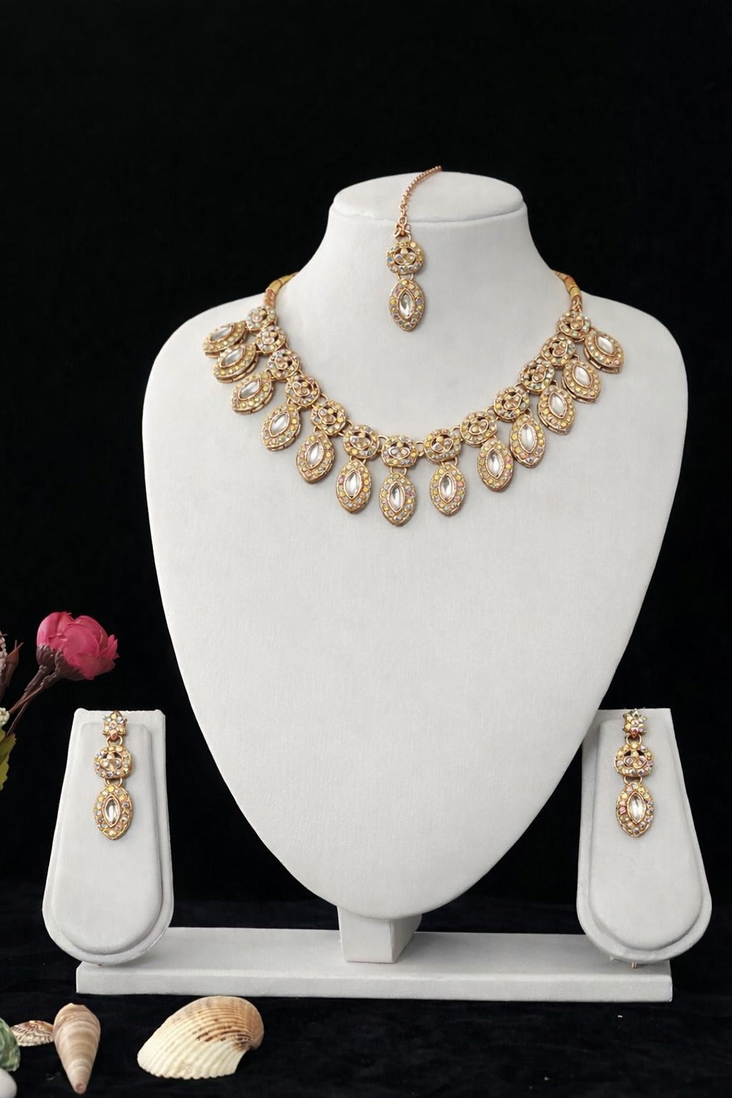 Royal Kundan Pearl Drop Necklace Set with Matching Earrings & Maang Tikka