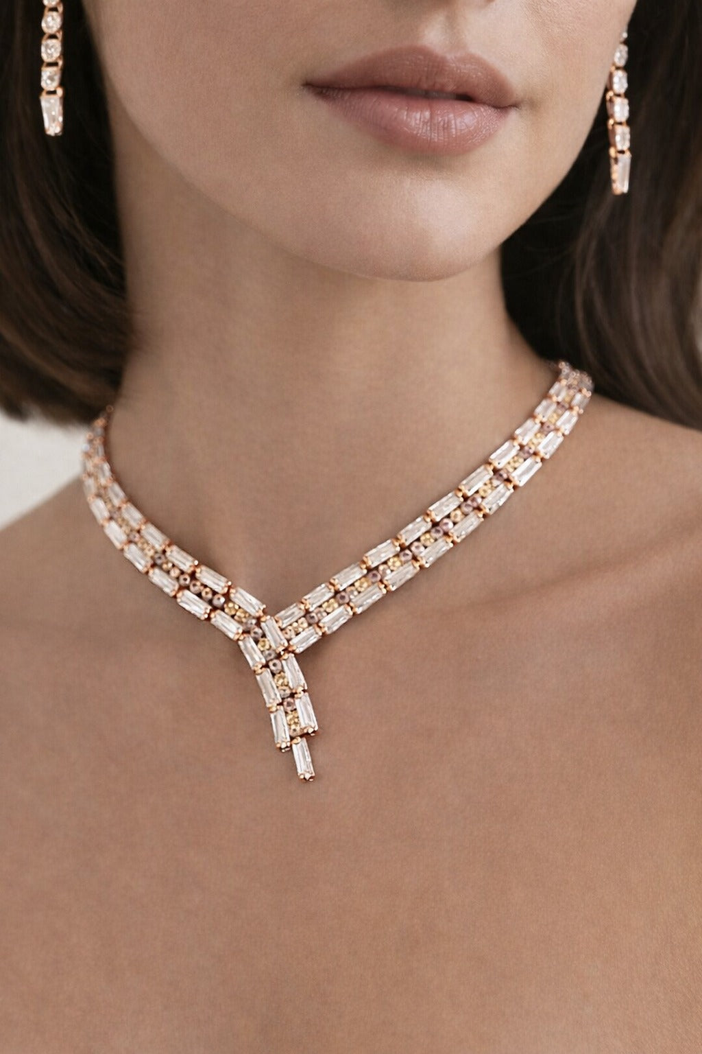Luxury Rose Gold Baguette Crystal Y-Drop Necklace Set