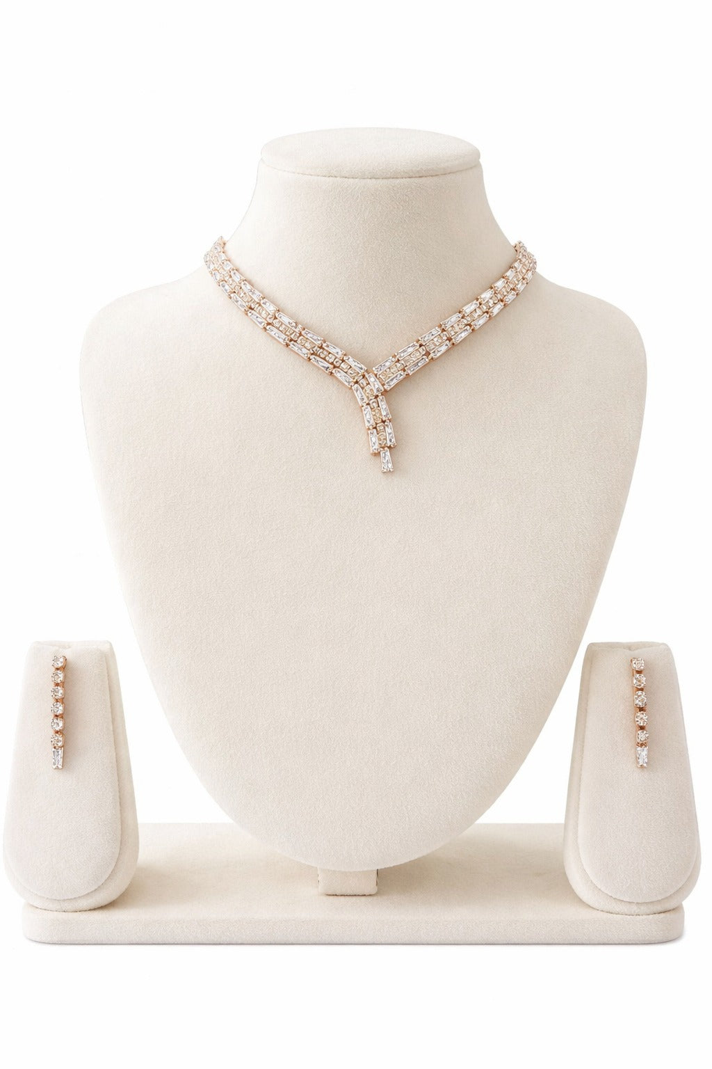 Luxury Rose Gold Baguette Crystal Y-Drop Necklace Set