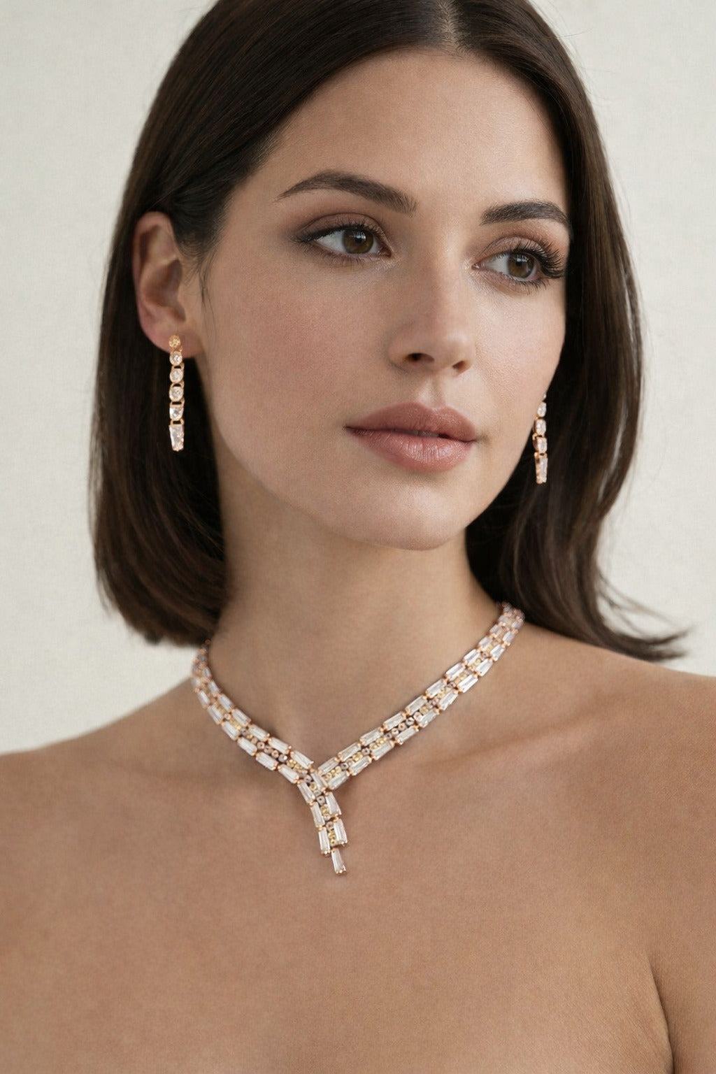 Luxury Rose Gold Baguette Crystal Y-Drop Necklace Set